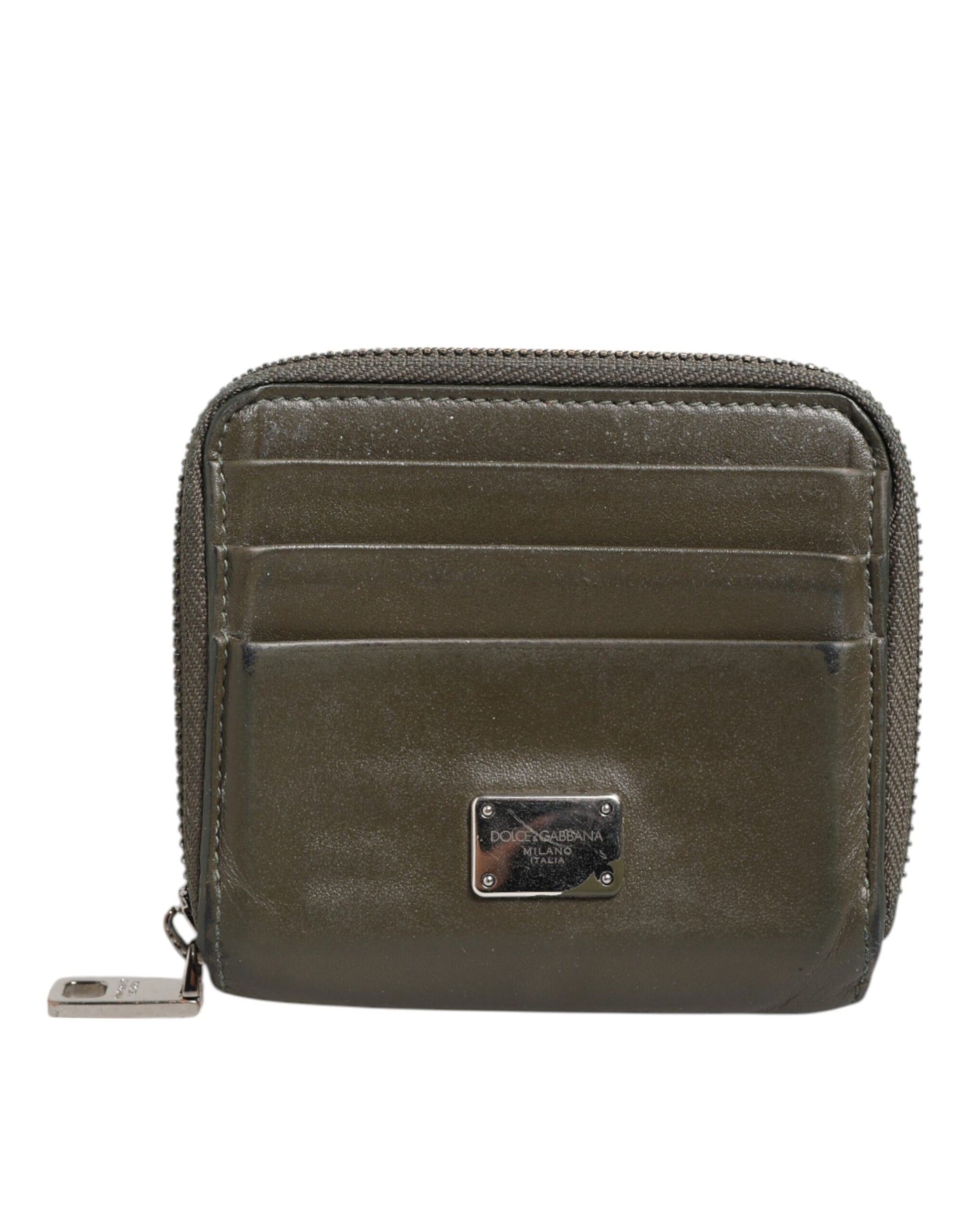 Dolce & Gabbana Military Green Leather Logo Plaque Card Holder Coin Purse Wallet | Regal Royce