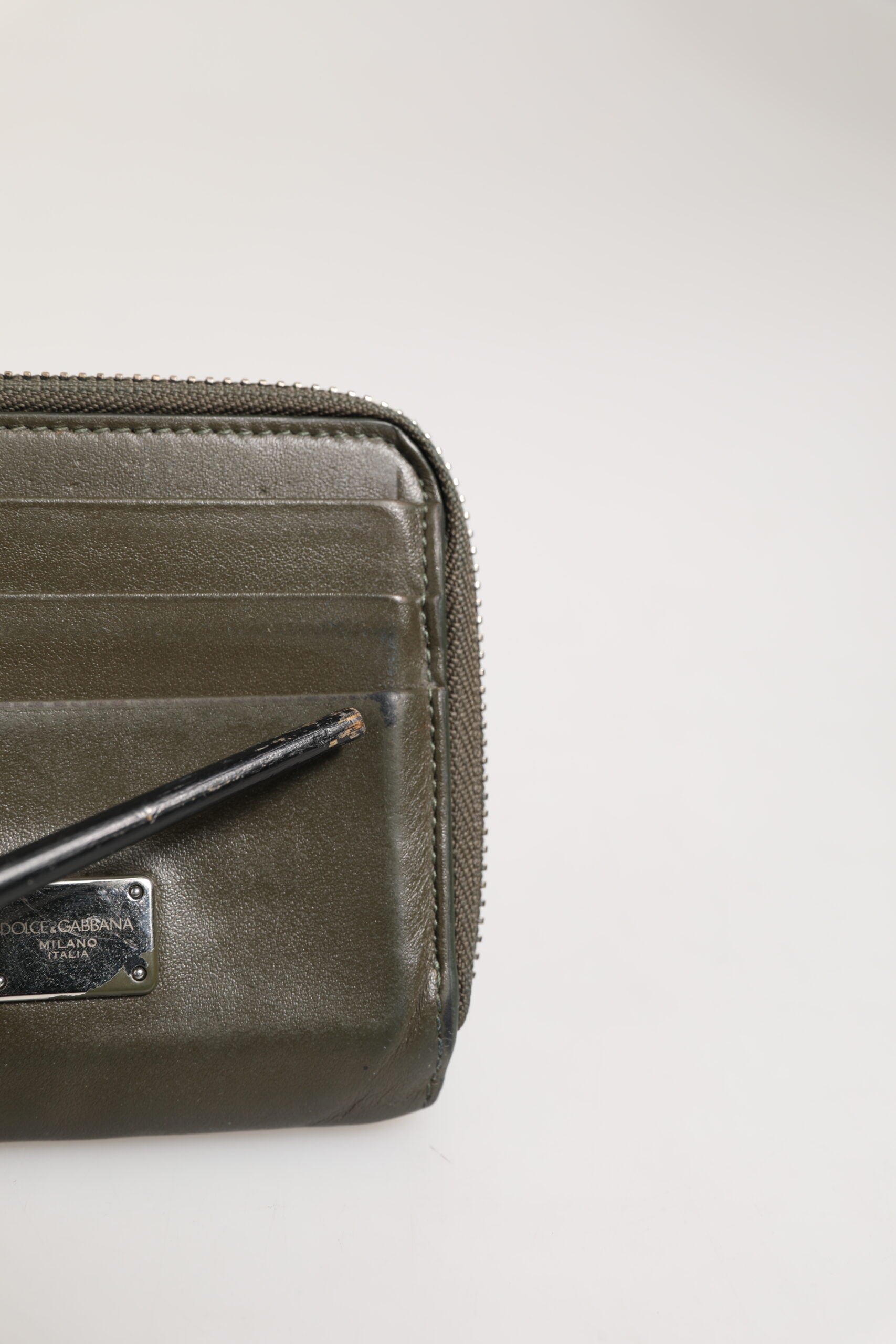 Dolce & Gabbana Military Green Leather Logo Plaque Card Holder Coin Purse Wallet | Regal Royce