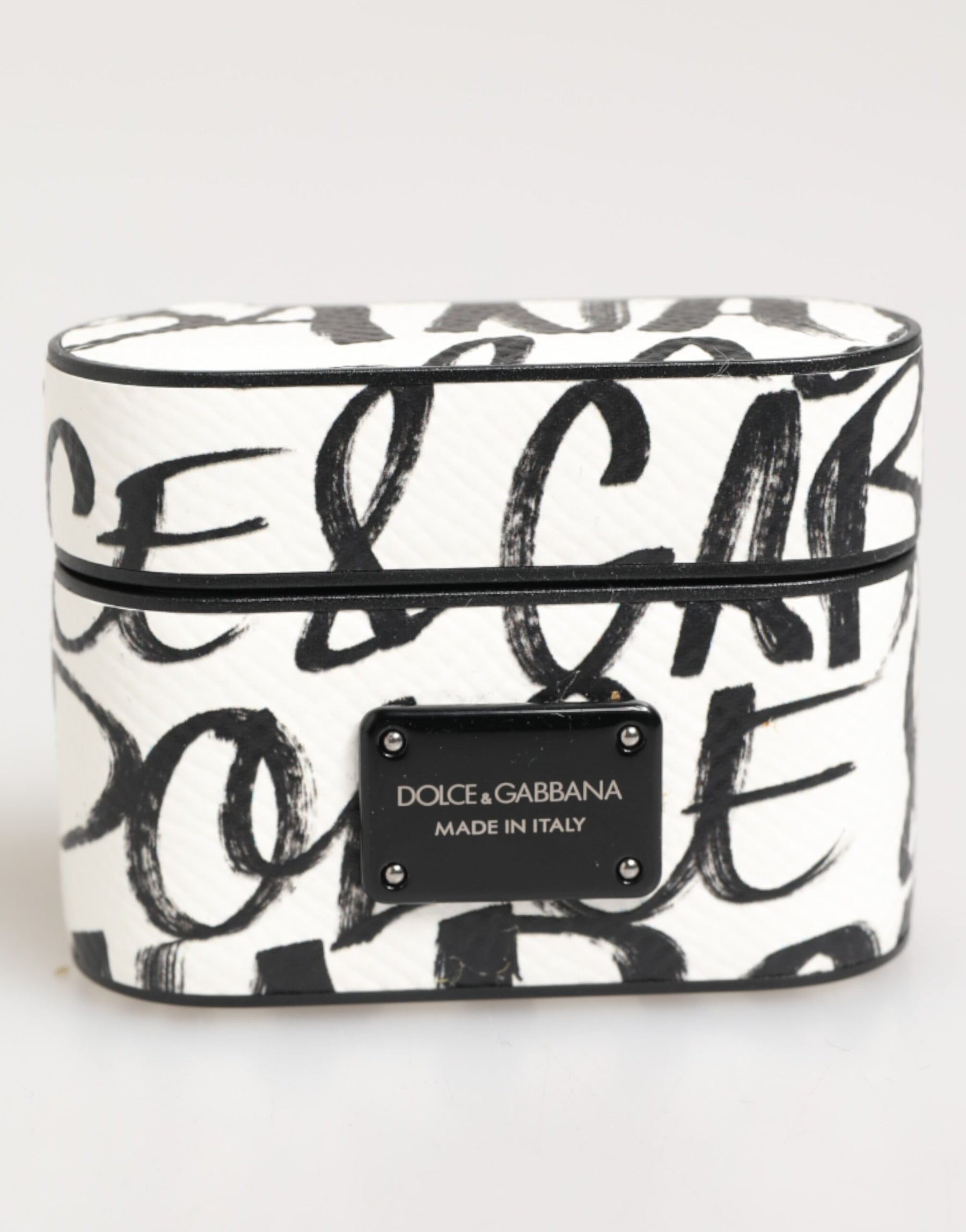 Dolce & Gabbana Black White Leather Monogram Print Logo Holder Airpods Case | Regal Royce