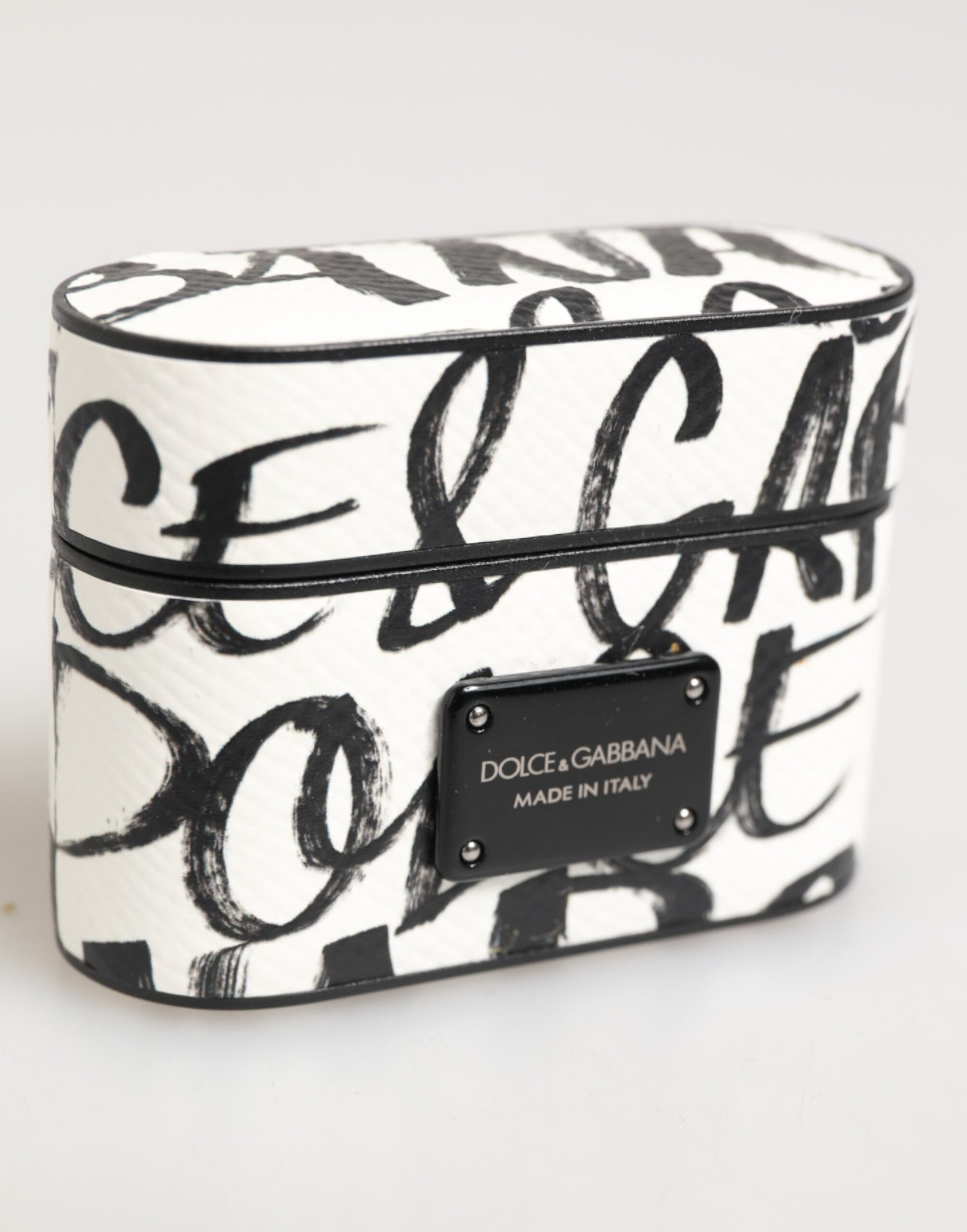 Dolce & Gabbana Black White Leather Monogram Print Logo Holder Airpods Case | Regal Royce