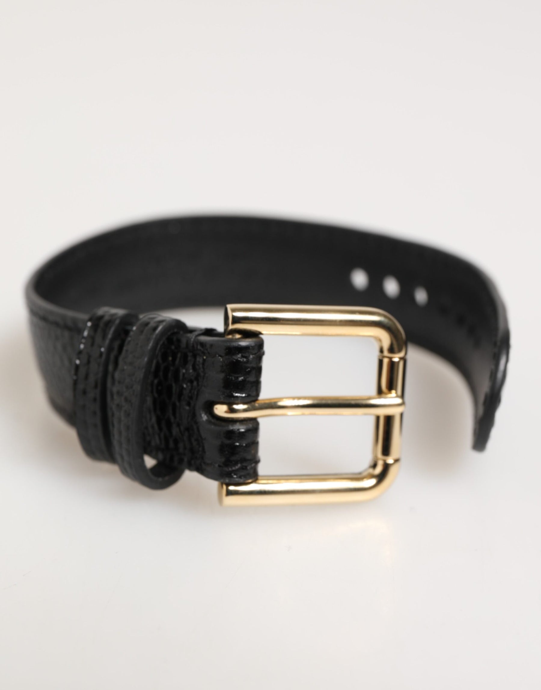 Dolce & Gabbana Black Embossed Leather Gold Buckle Belt Strap Bracelet | Regal Royce
