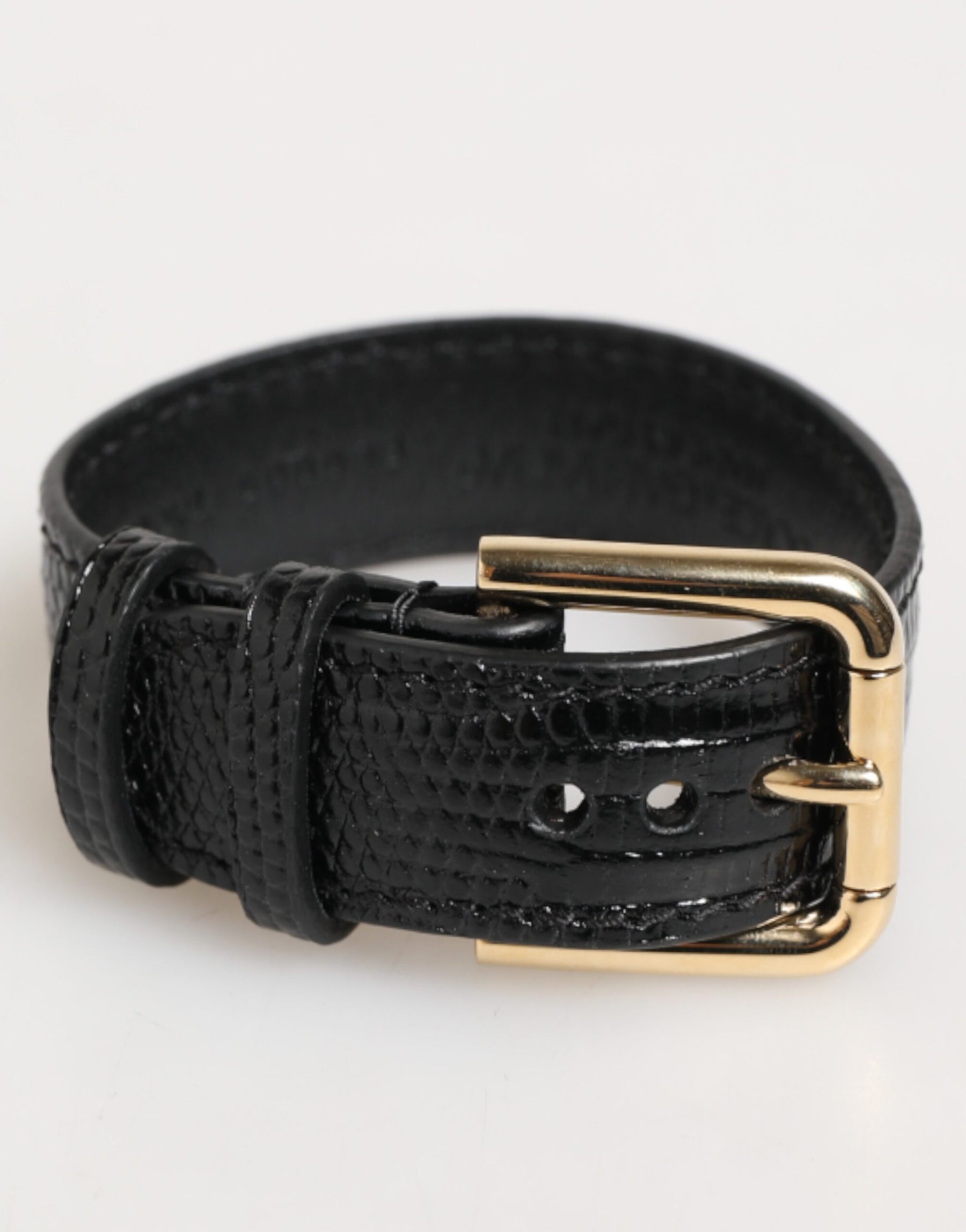 Dolce & Gabbana Black Embossed Leather Gold Buckle Belt Strap Bracelet | Regal Royce