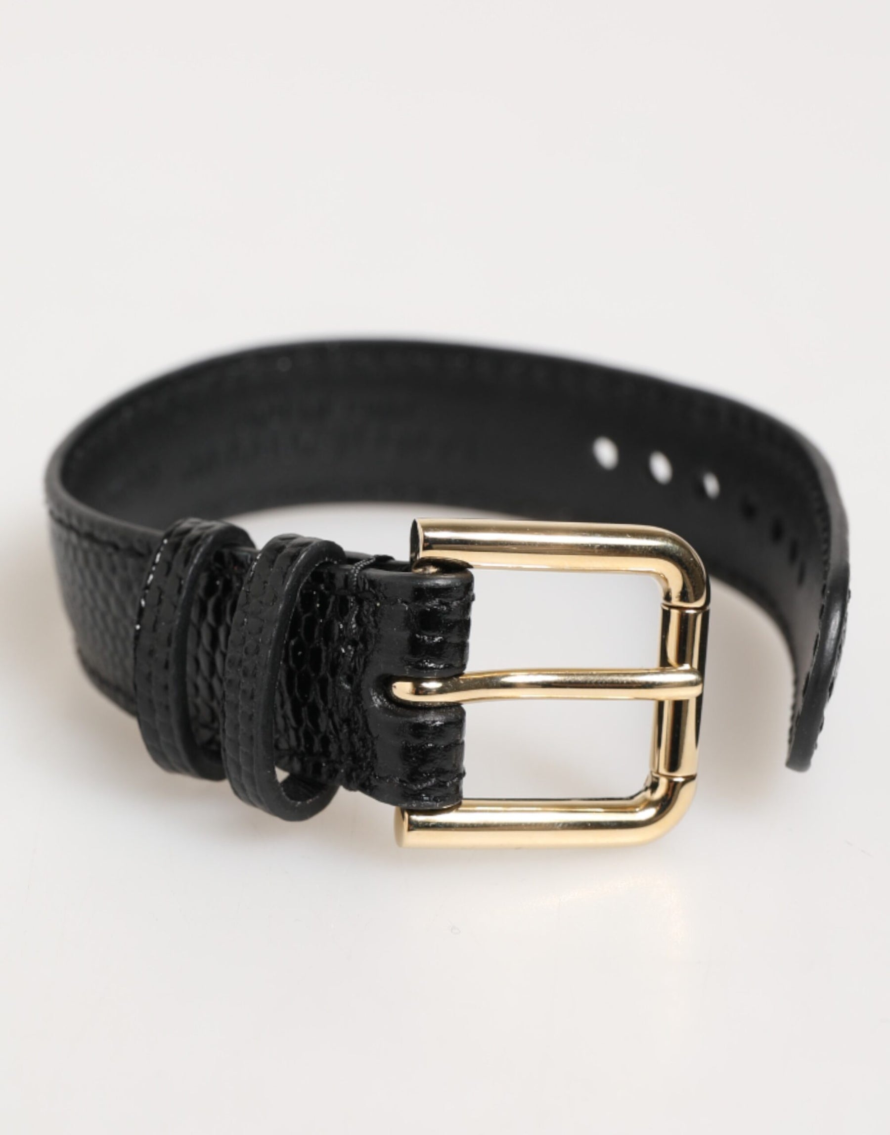 Dolce & Gabbana Black Embossed Leather Gold Buckle Belt Strap Bracelet | Regal Royce