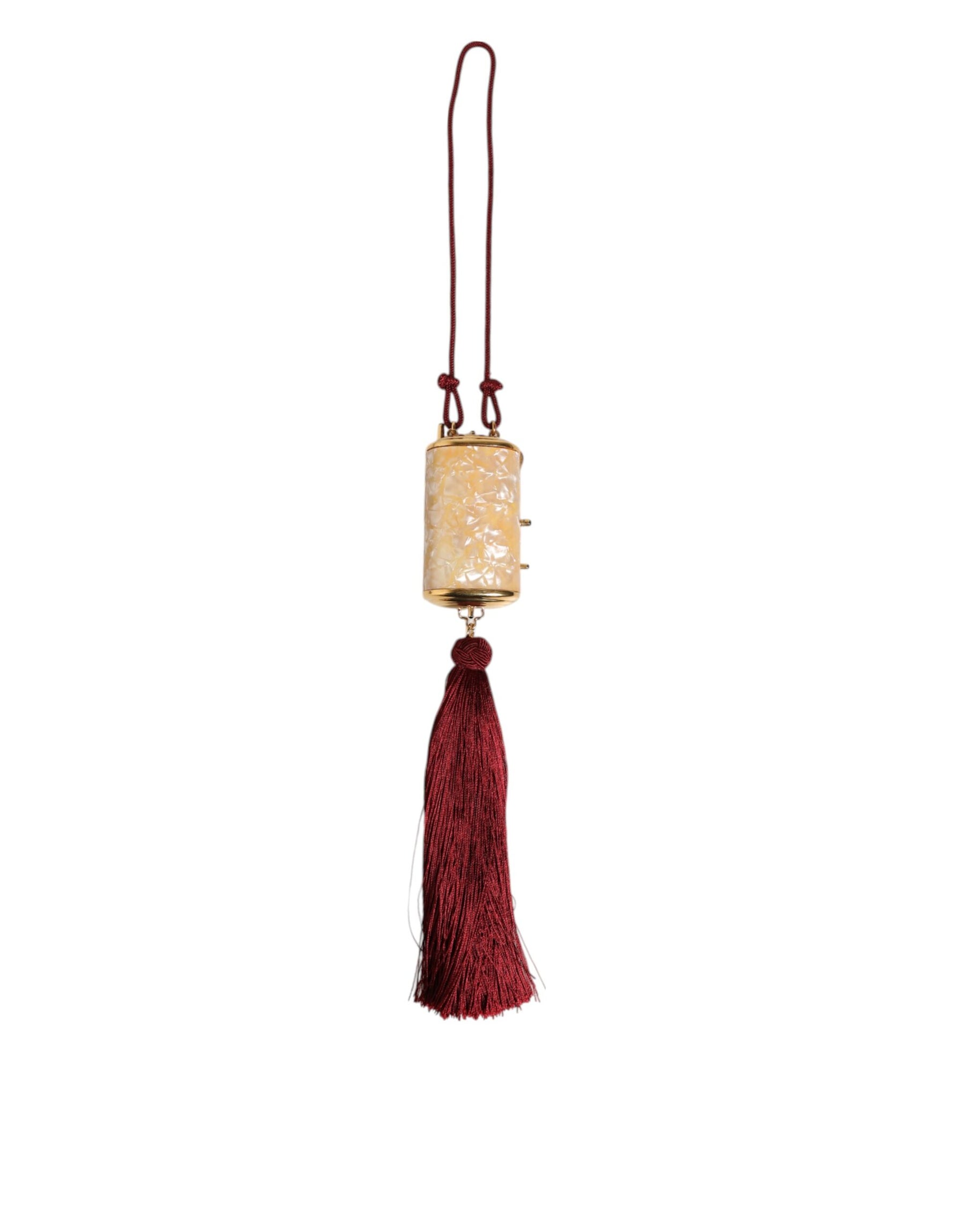 Dolce & Gabbana White Pearl Resin Gold Metal Red Tassel Pendant Bag | Regal Royce