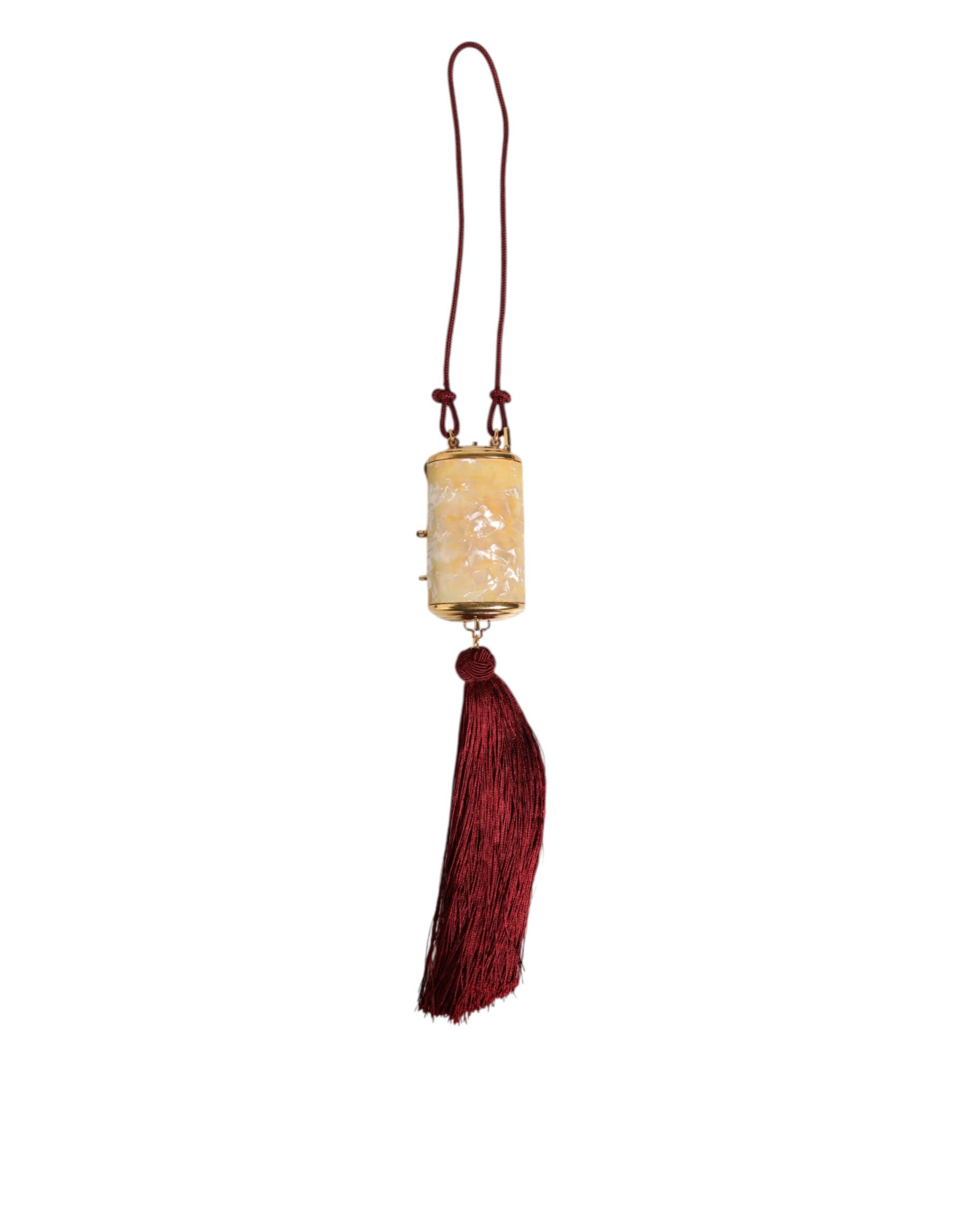 Dolce & Gabbana White Pearl Resin Gold Metal Red Tassel Pendant Bag | Regal Royce