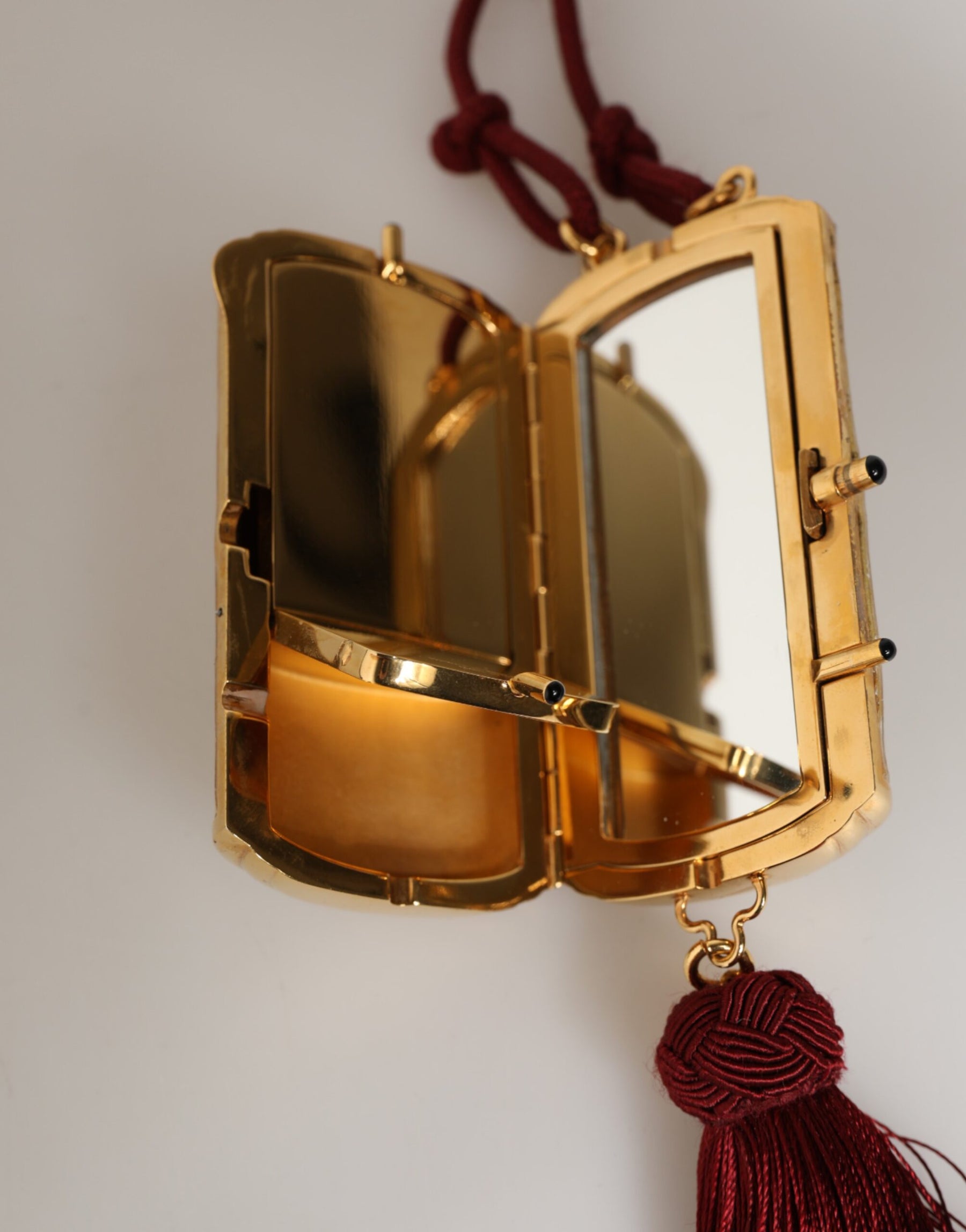 Dolce & Gabbana White Pearl Resin Gold Metal Red Tassel Pendant Bag | Regal Royce