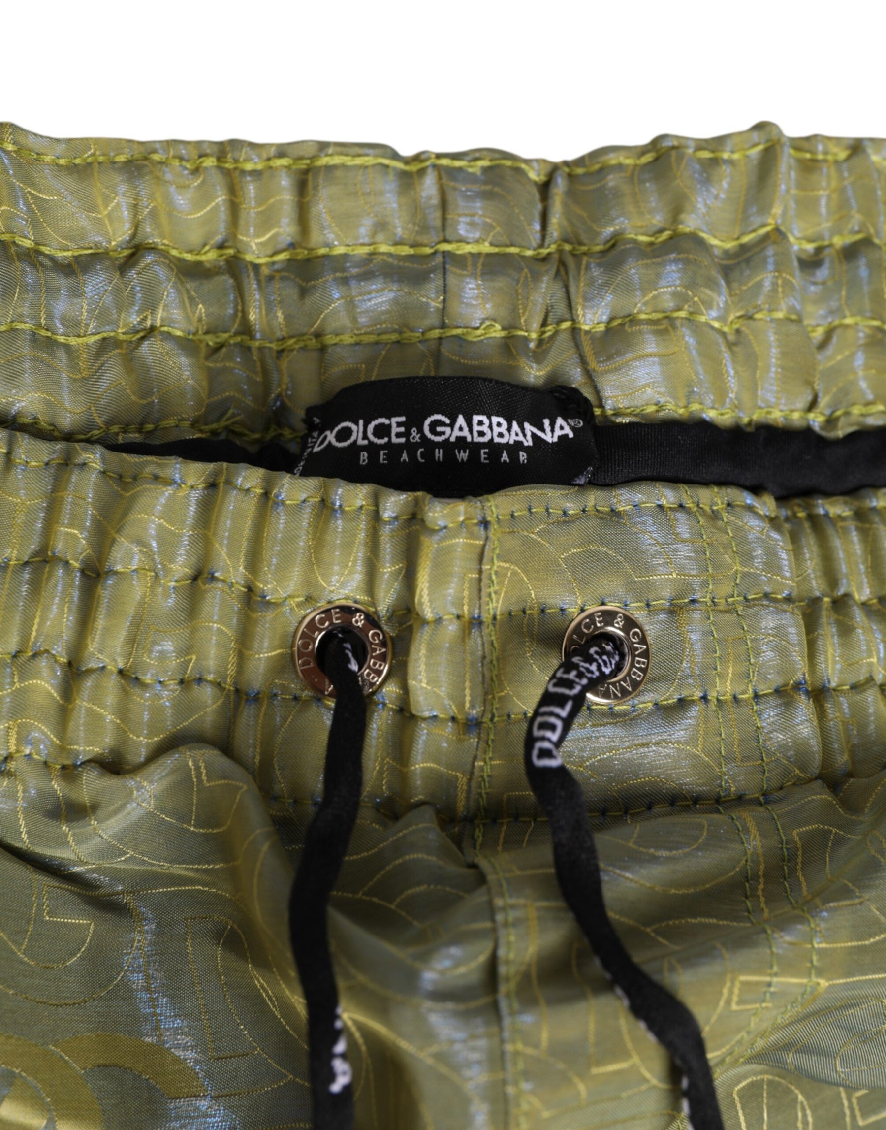 Dolce & Gabbana Green Polyester Metallic Logo Print Men Swimwear | Regal Royce