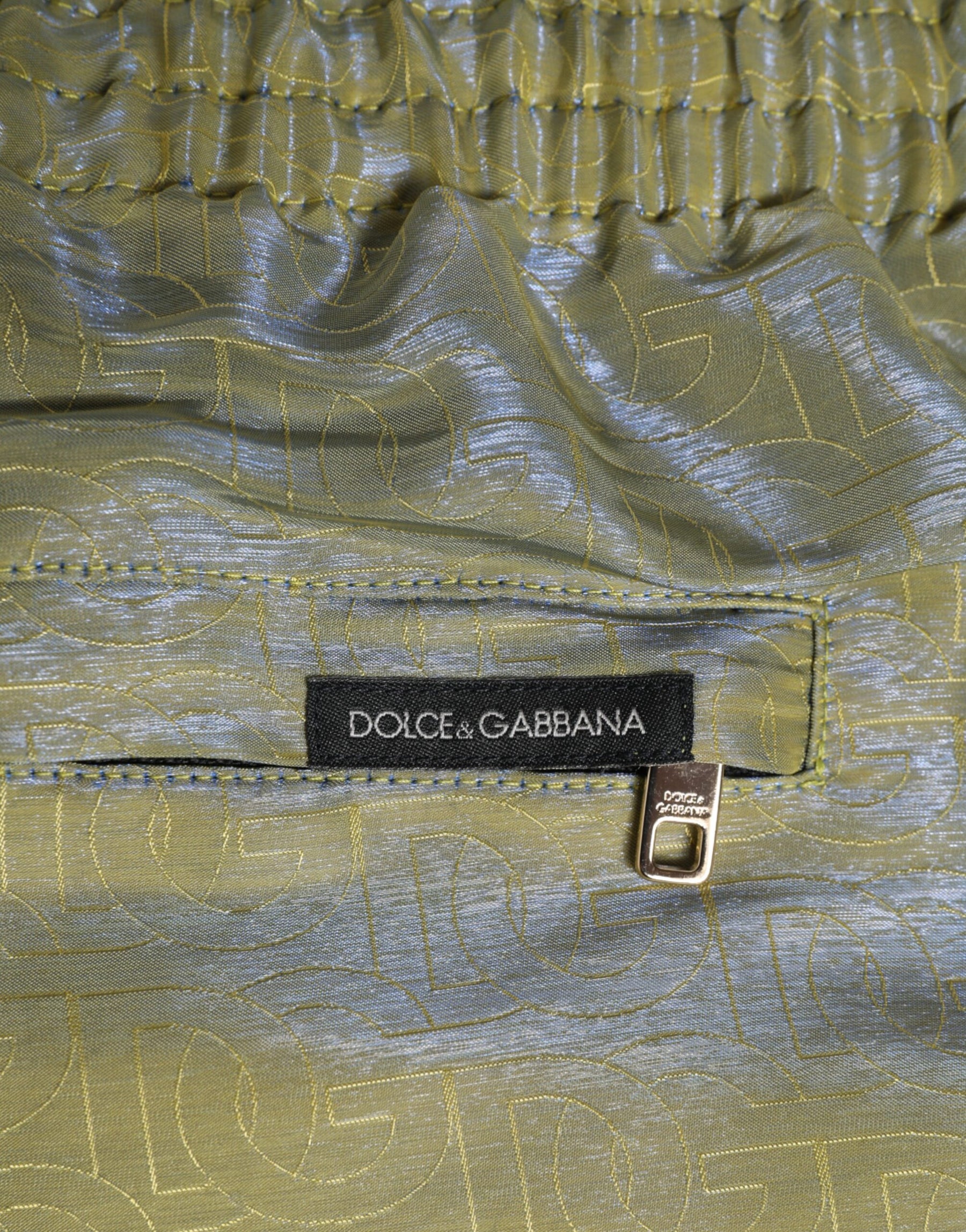 Dolce & Gabbana Green Polyester Metallic Logo Print Men Swimwear | Regal Royce