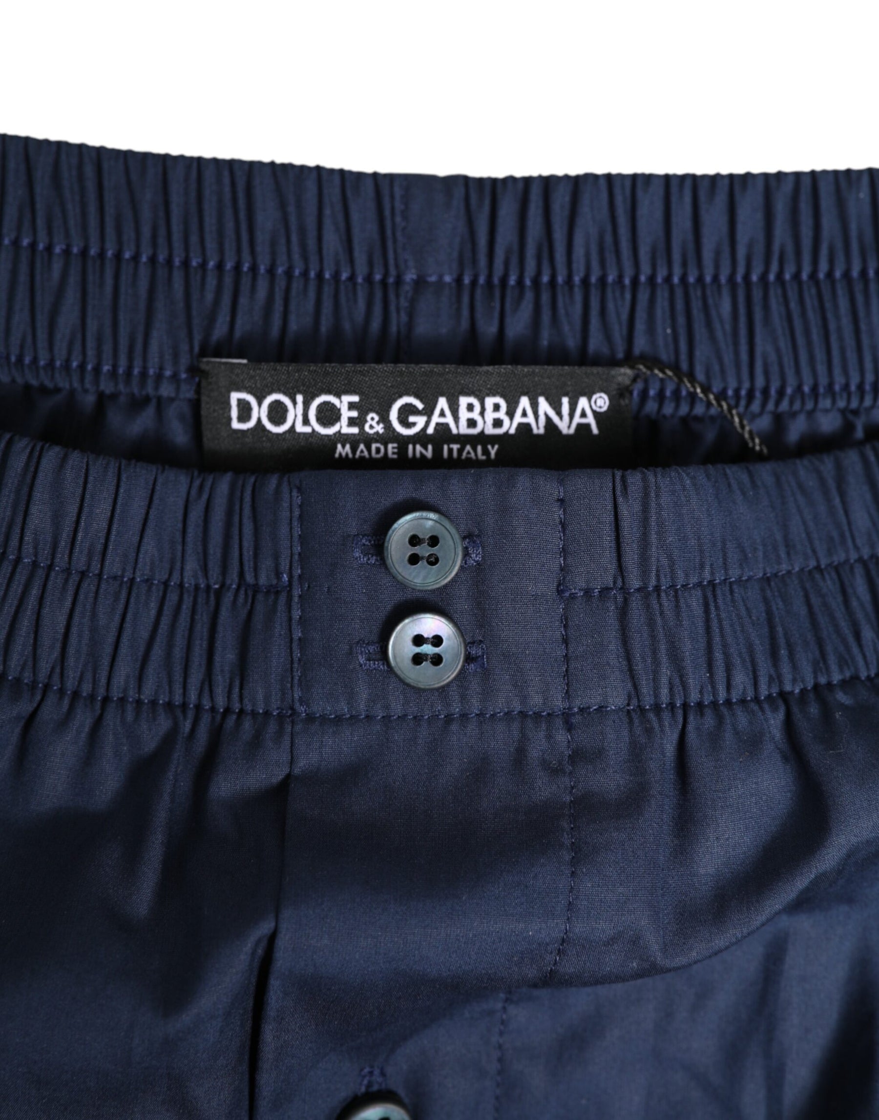 Dolce & Gabbana Navy Blue Cotton Elastic Waistband Button Swimwear | Regal Royce