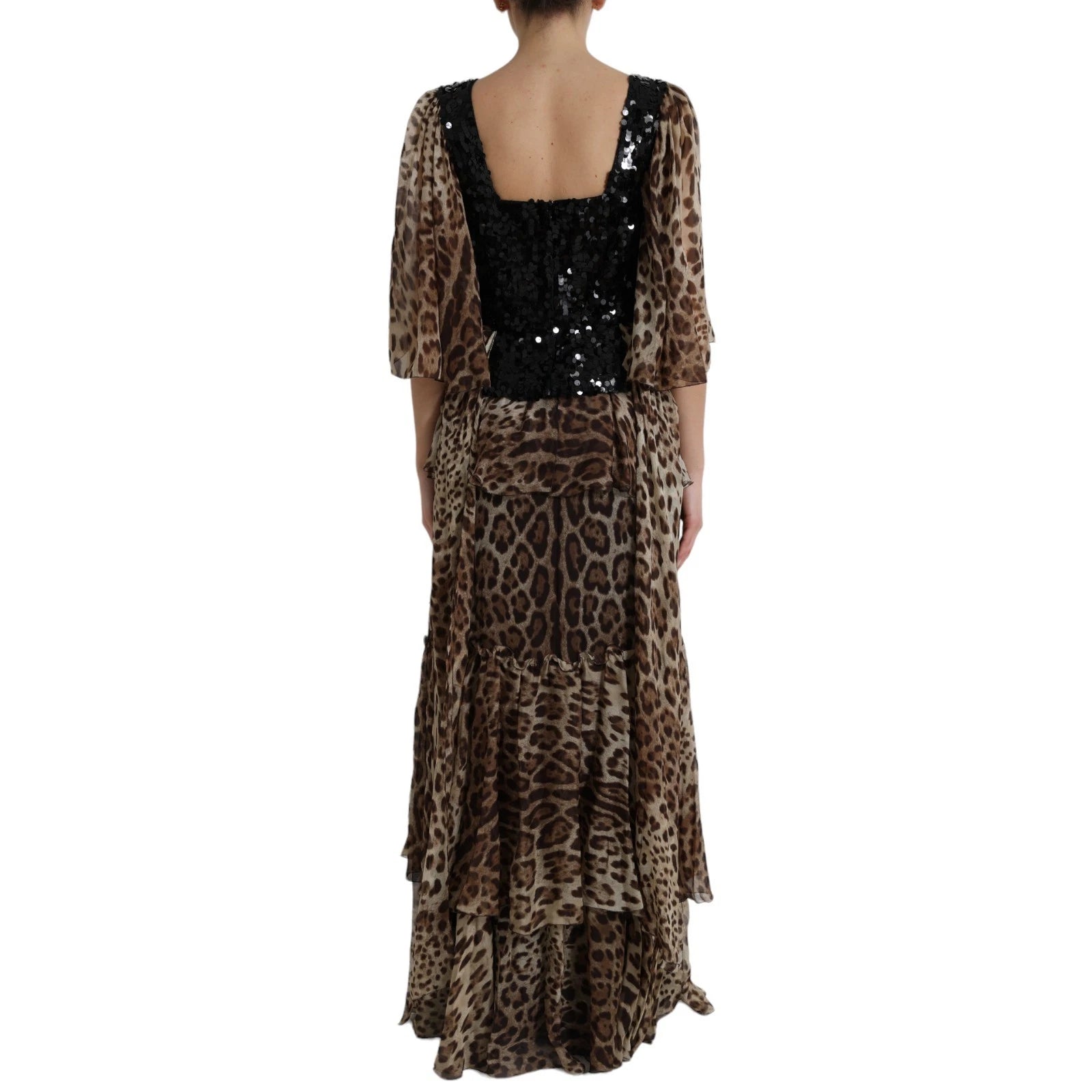 Dolce & Gabbana Leopard Print Silk Sequin Ruffle Maxi Dress | Regal Royce