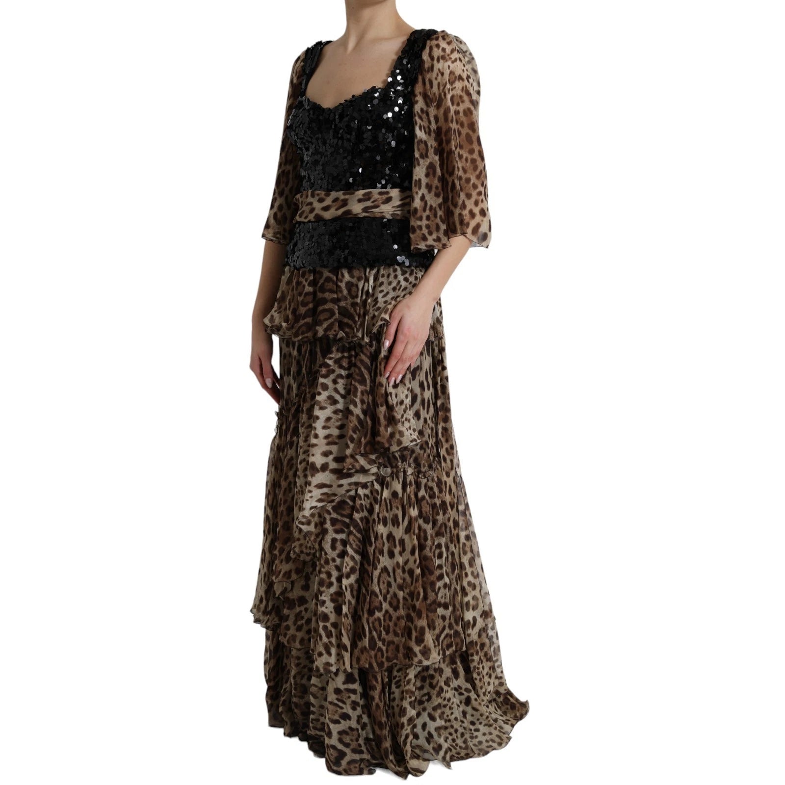 Dolce & Gabbana Leopard Print Silk Sequin Ruffle Maxi Dress | Regal Royce
