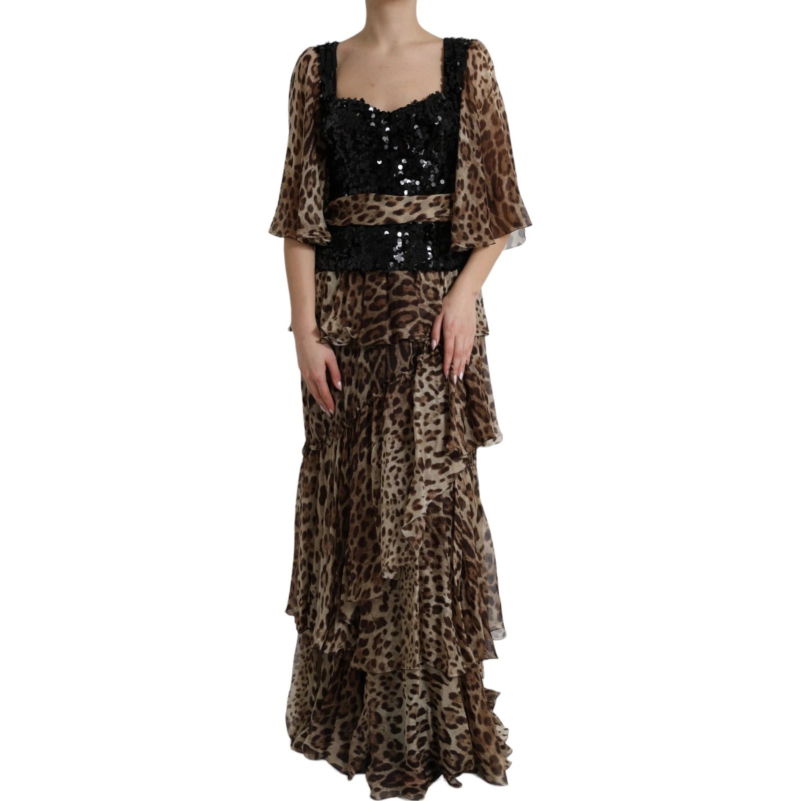 Dolce & Gabbana Leopard Print Silk Sequin Ruffle Maxi Dress | Regal Royce