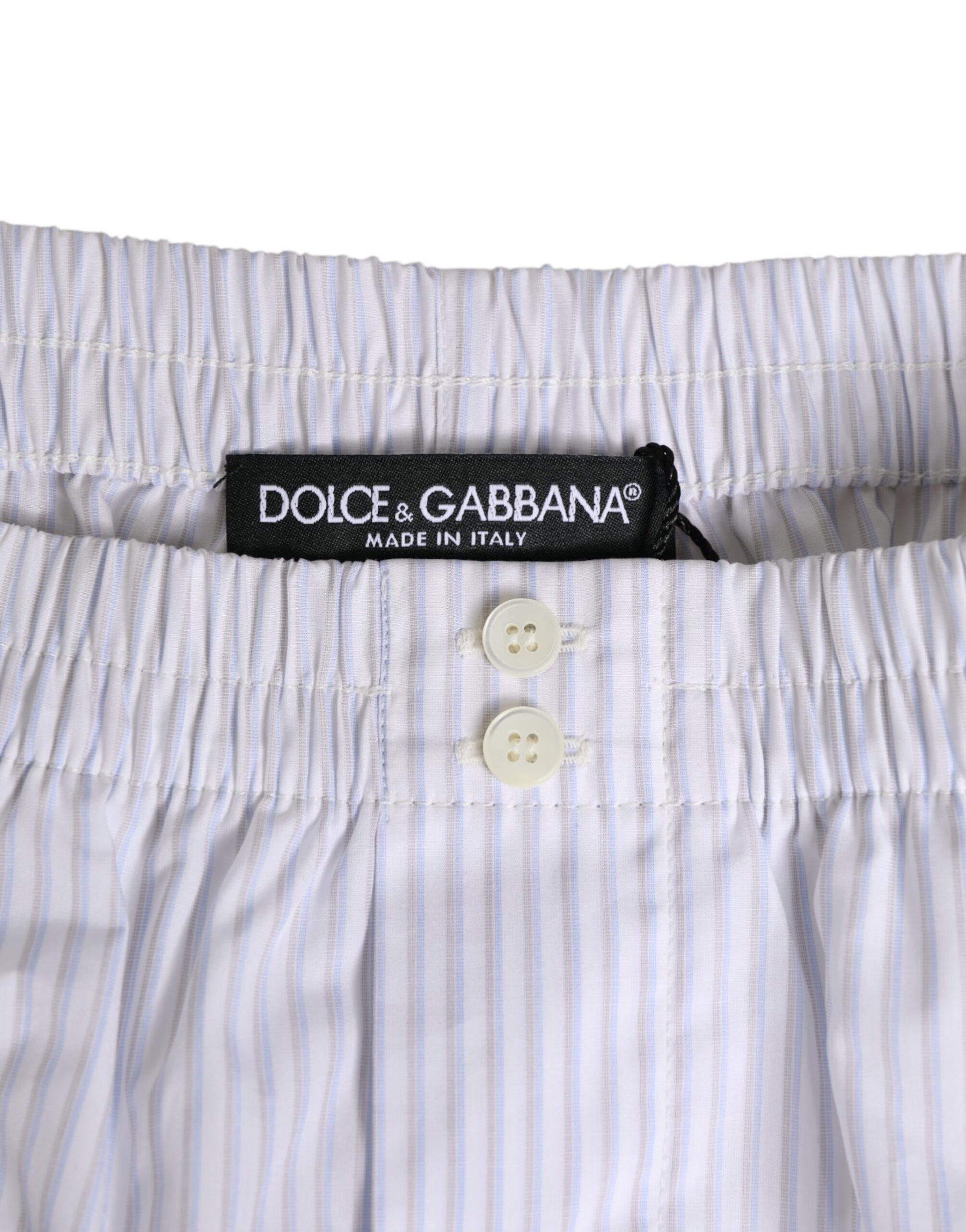 Dolce & Gabbana White Blue Cotton Striped Button Fly Shorts Swimwear | Regal Royce