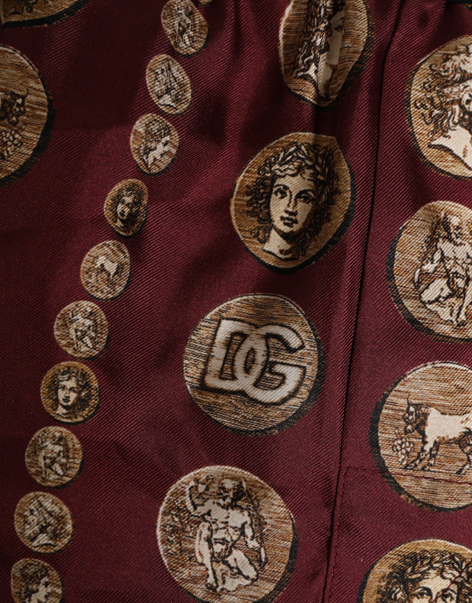 Dolce & Gabbana Burgundy Silk Coin Print Men Boxer Short Swimwear | Regal Royce