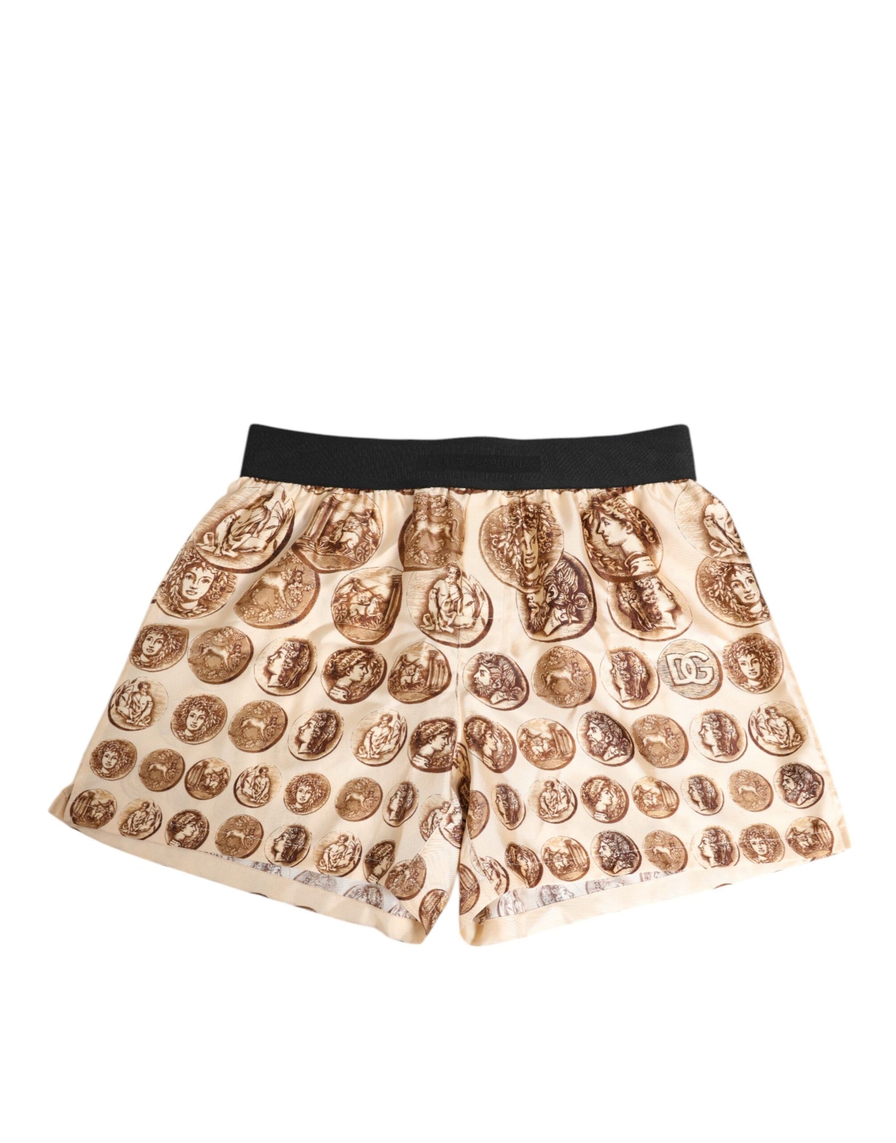 Dolce & Gabbana Brown Ancient Coin Print Silk Shorts Swimwear | Regal Royce