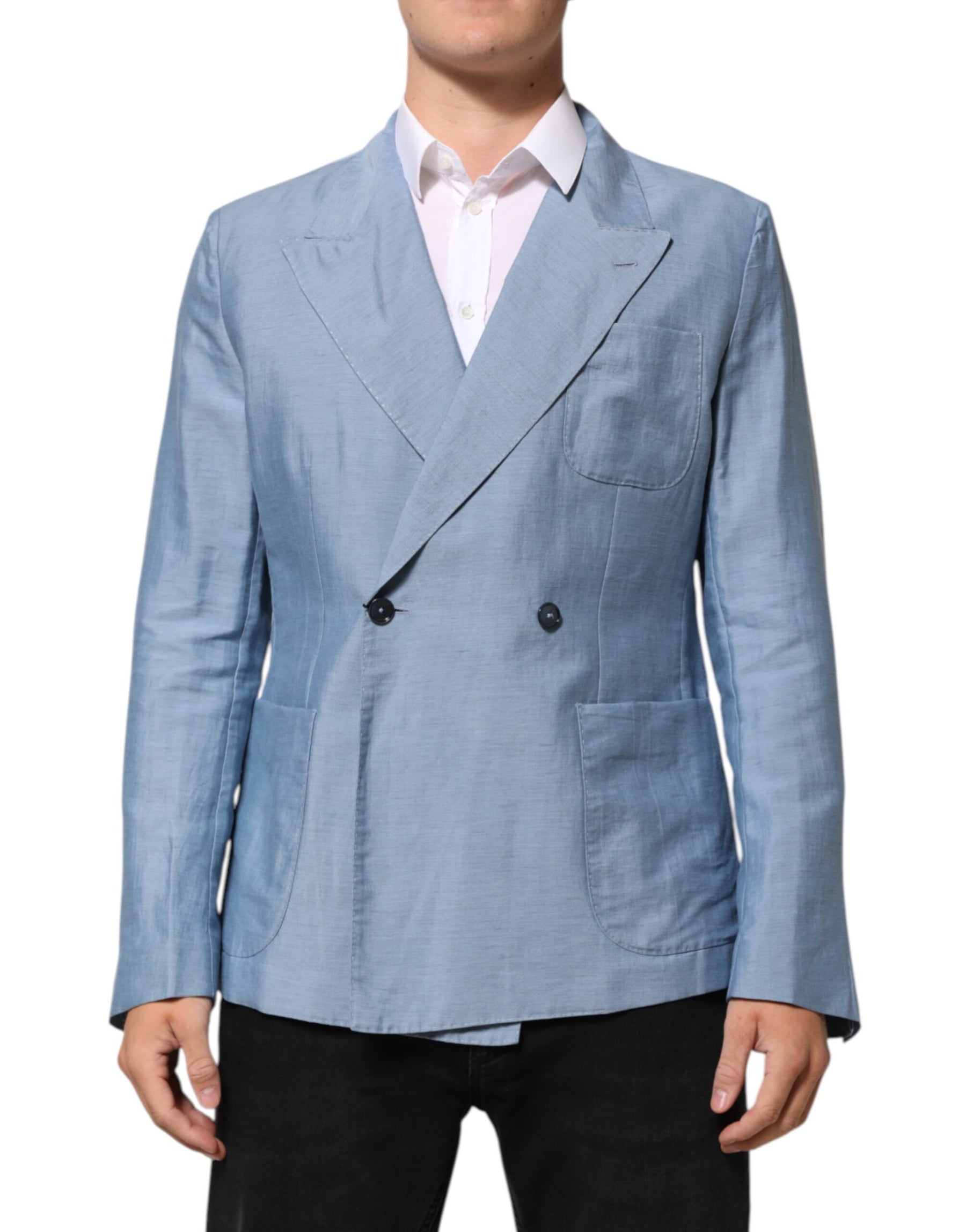 Dolce & Gabbana Light Blue Linen Double Breasted Men Jacket Blazer | Regal Royce