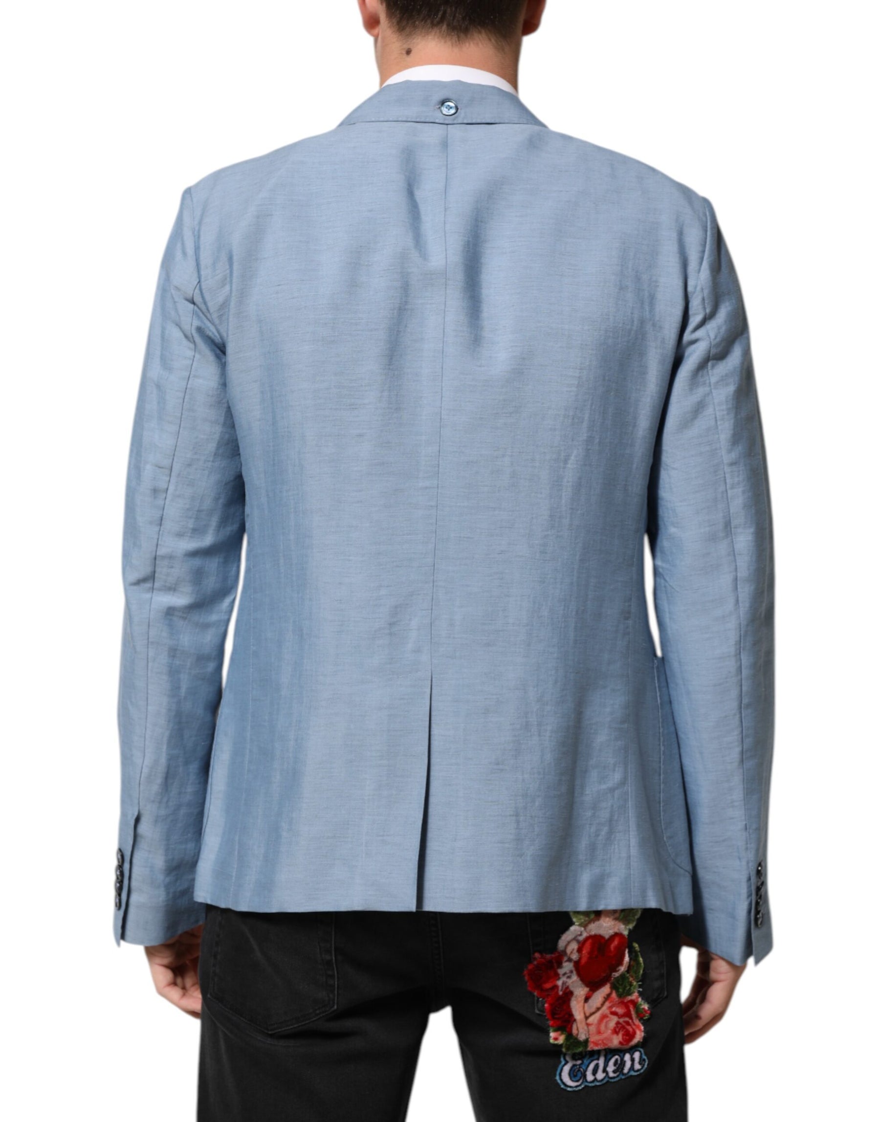 Dolce & Gabbana Light Blue Linen Double Breasted Men Jacket Blazer | Regal Royce