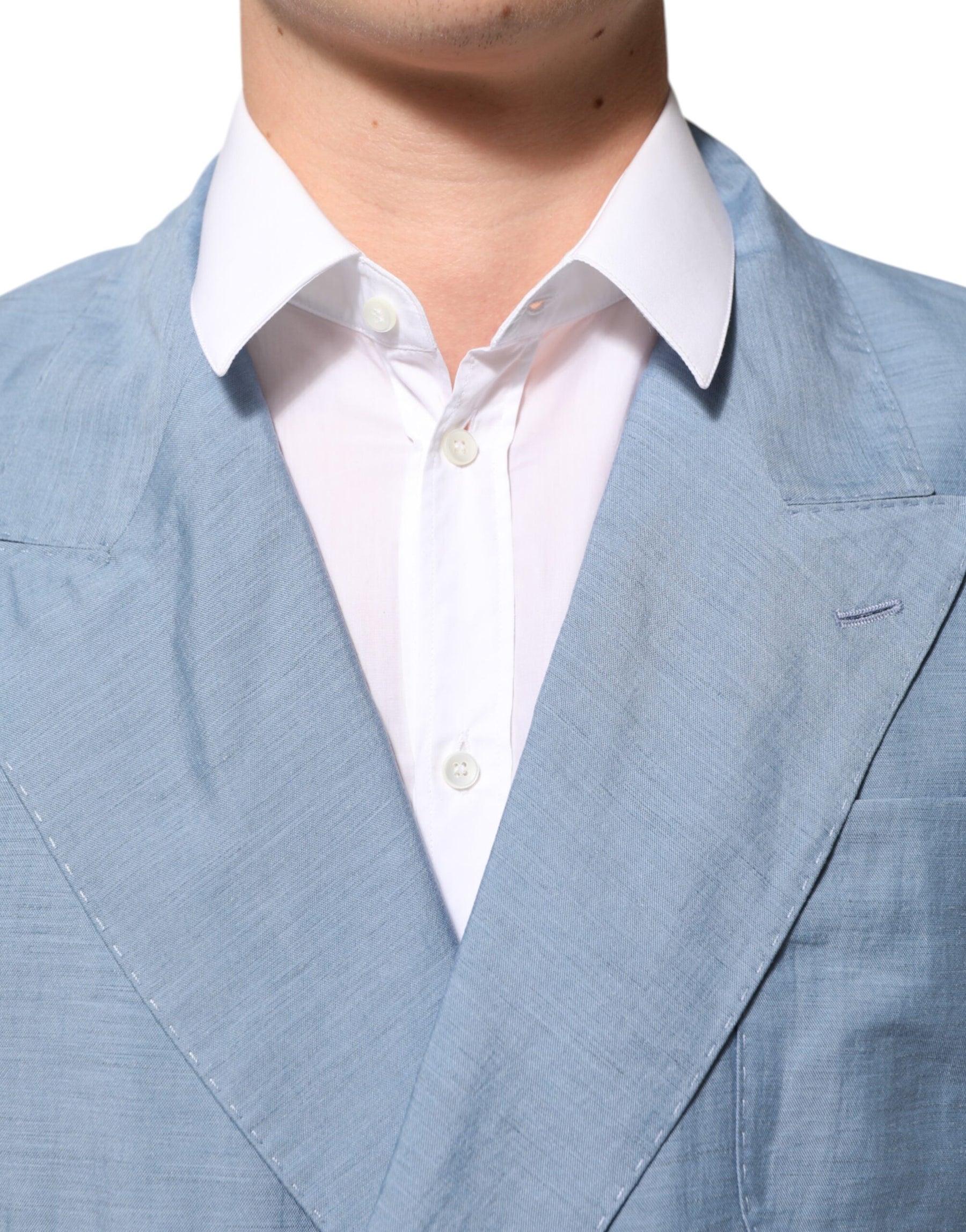 Dolce & Gabbana Light Blue Linen Double Breasted Men Jacket Blazer | Regal Royce