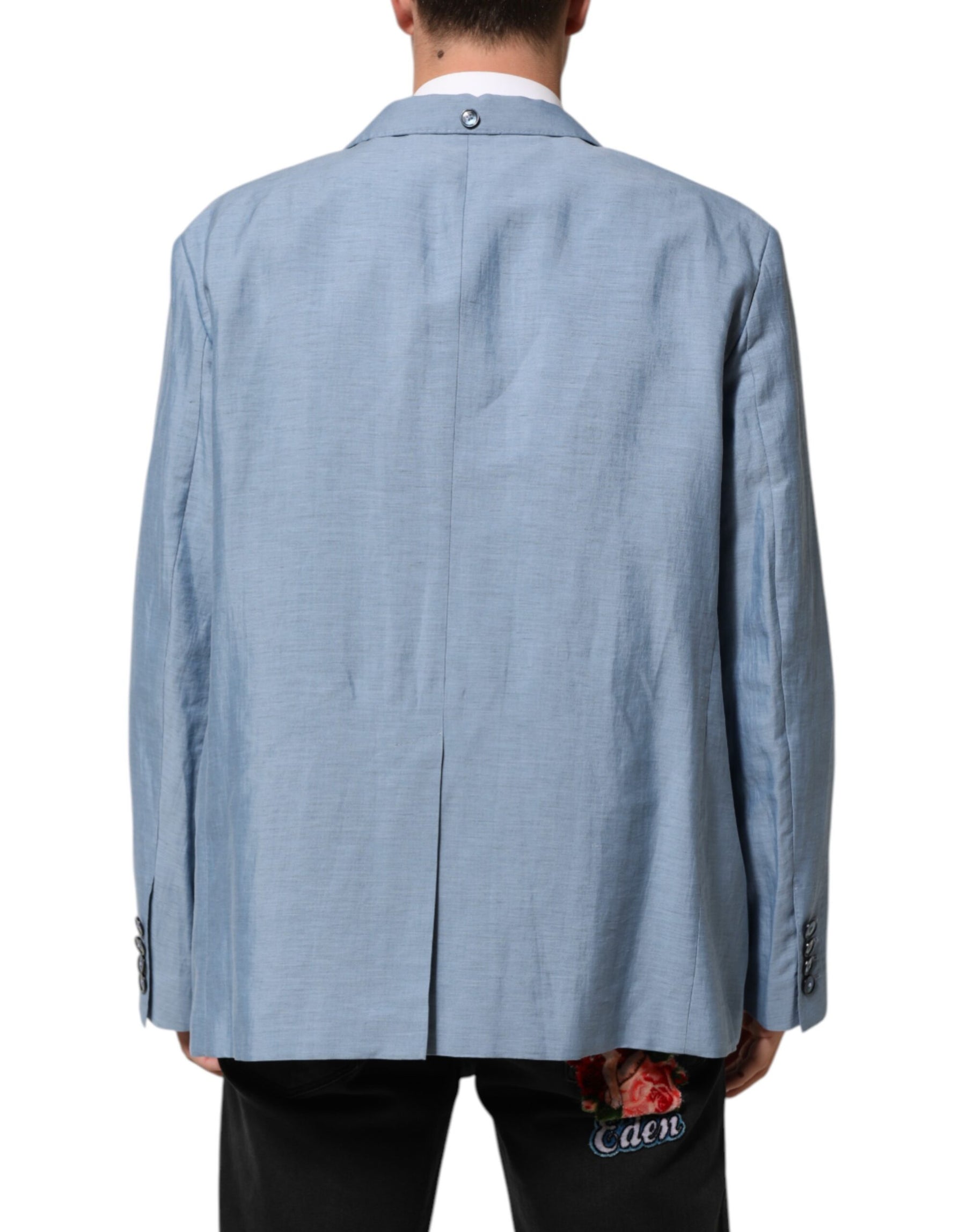 Dolce & Gabbana Light Blue Linen Double Breasted Men Jacket Blazer | Regal Royce