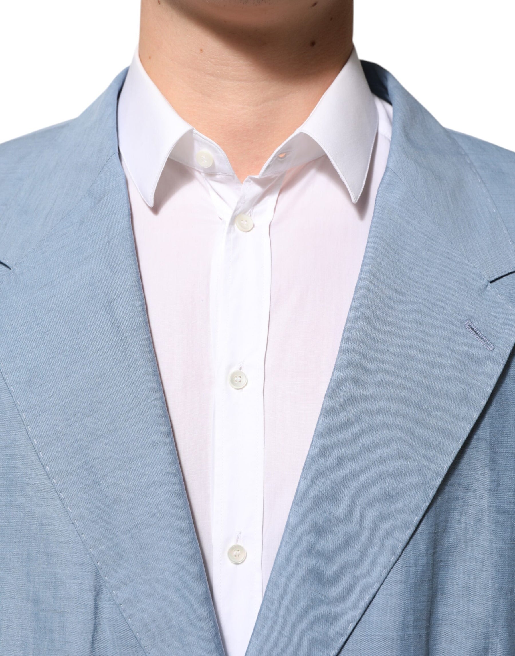 Dolce & Gabbana Light Blue Linen Double Breasted Men Jacket Blazer | Regal Royce