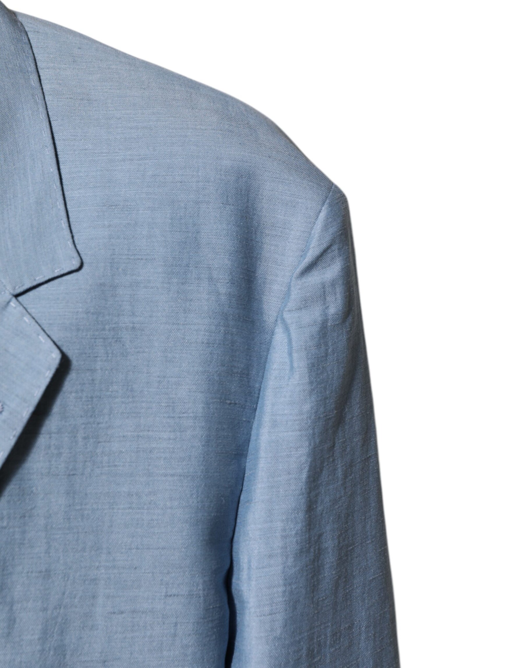 Dolce & Gabbana Light Blue Linen Double Breasted Men Jacket Blazer | Regal Royce