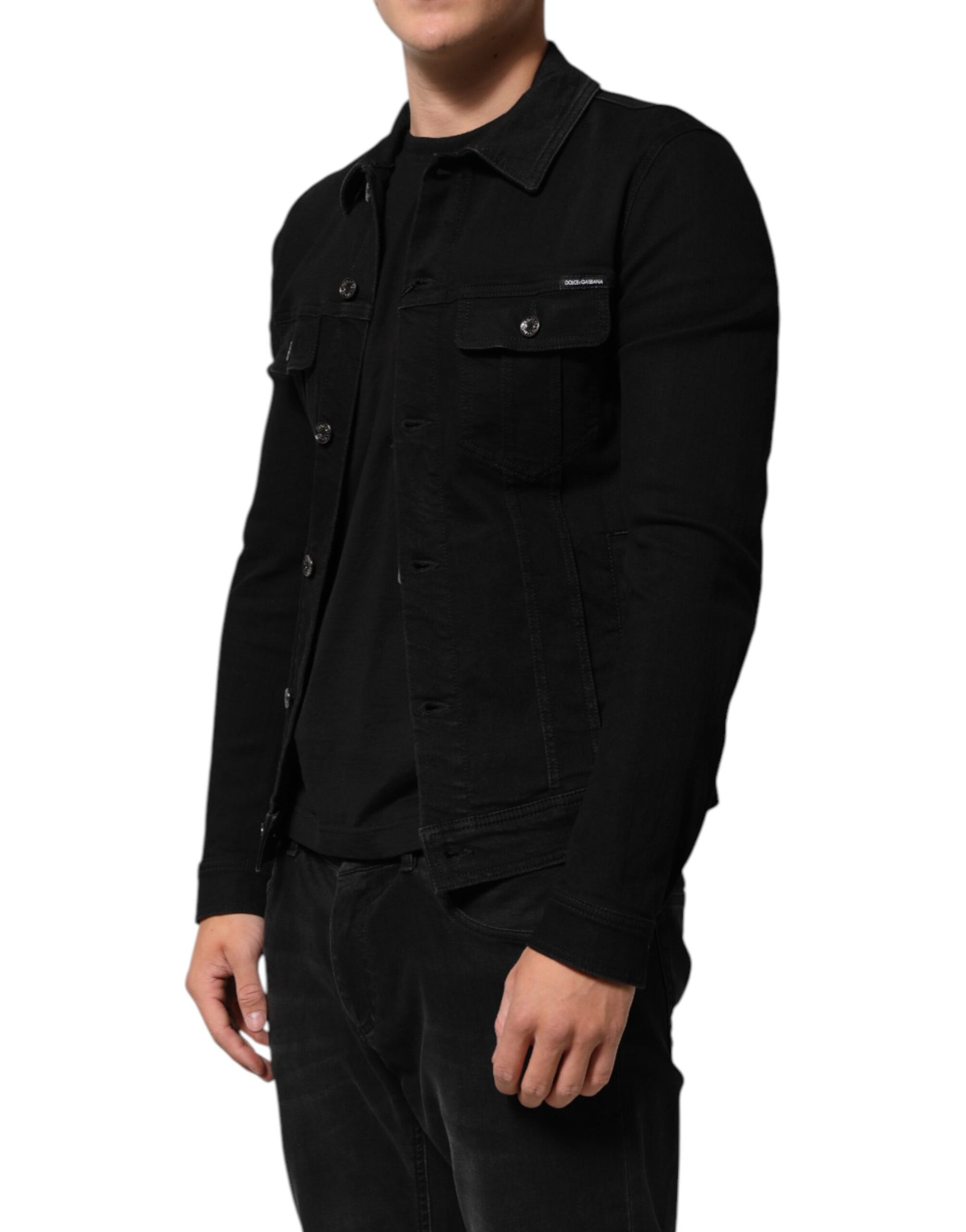 Dolce & Gabbana Black Cotton Denim Stretch Button Up Jacket | Regal Royce