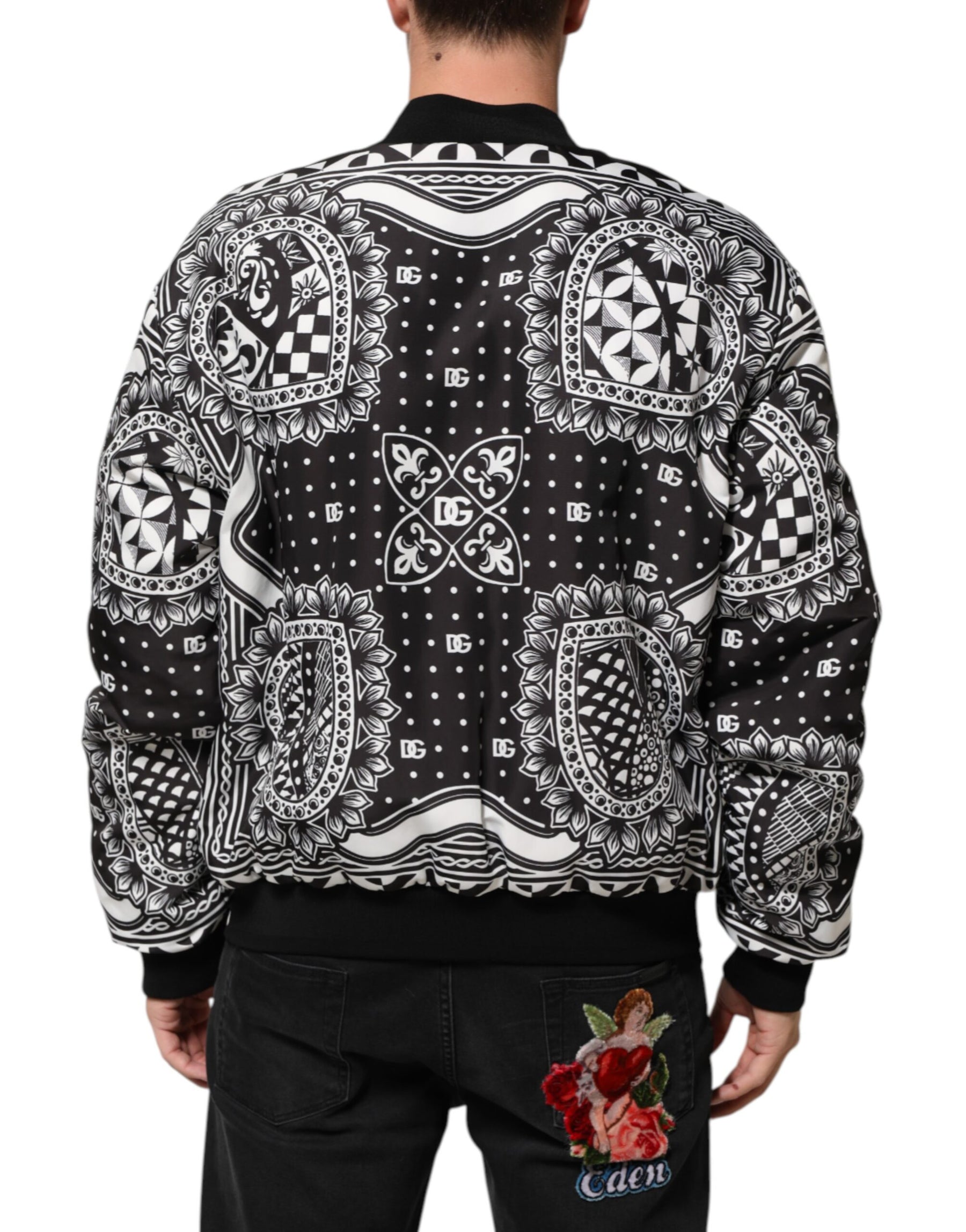 Dolce & Gabbana Black White Bandana Print Bomber Jacket | Regal Royce