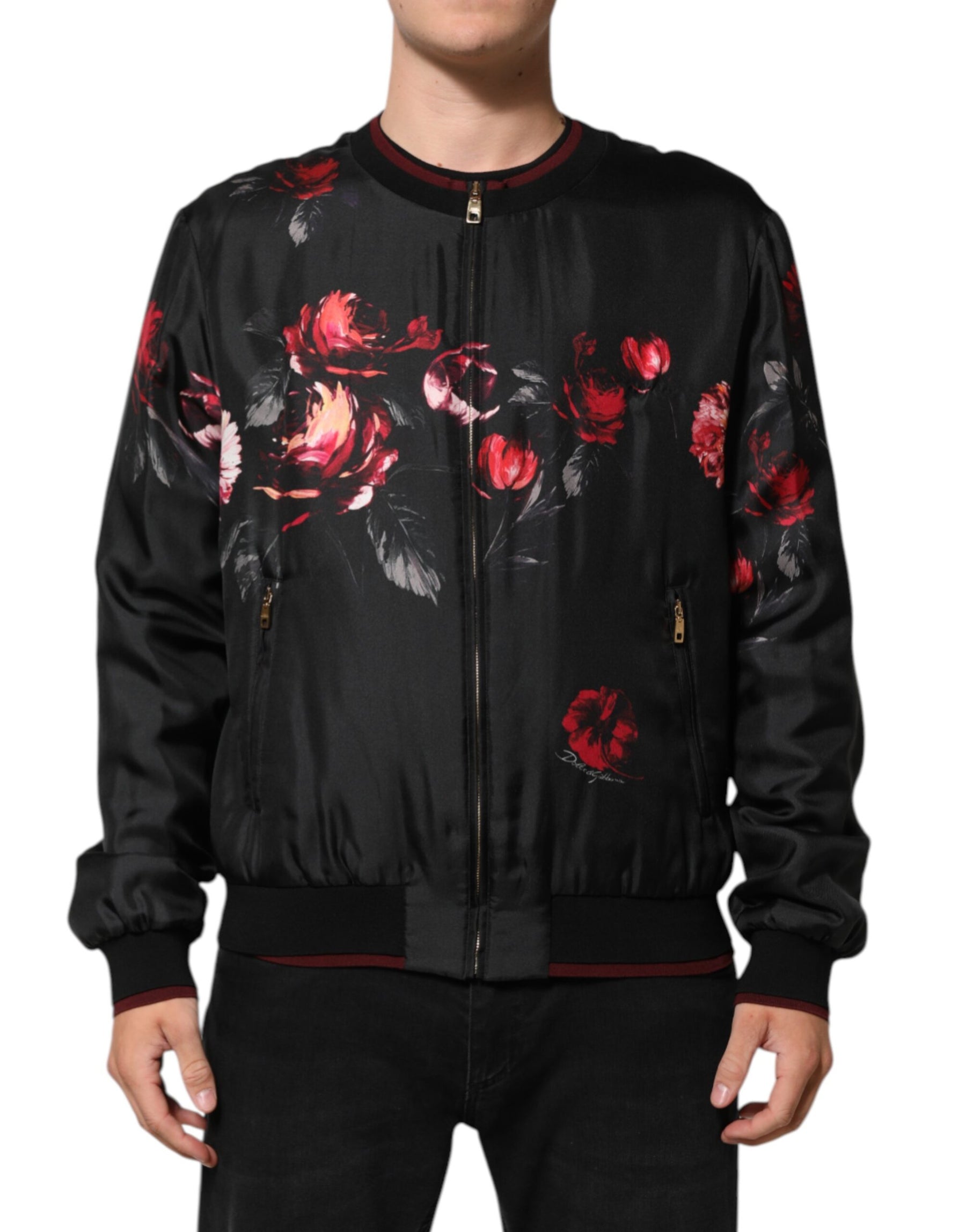 Dolce & Gabbana Black Red Floral Silk Bomber Blouson Jacket | Regal Royce