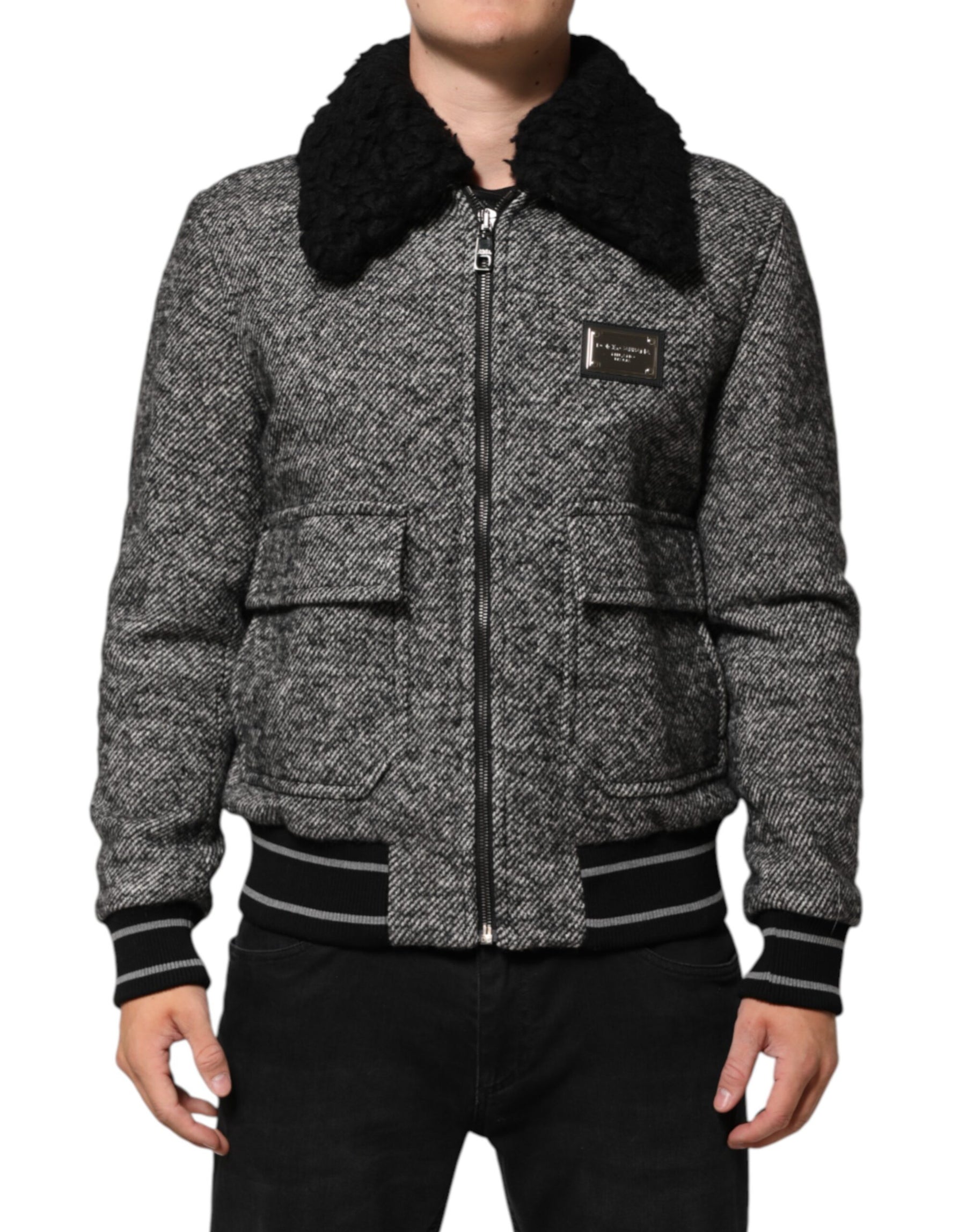 Dolce & Gabbana Gray Wool Herringbone Shearling Collar Bomber Jacket | Regal Royce