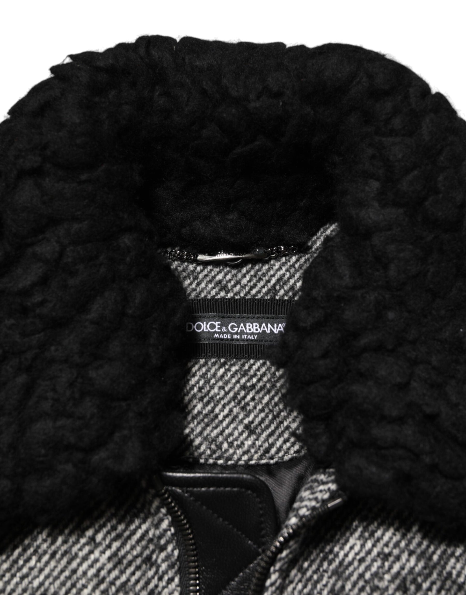 Dolce & Gabbana Gray Wool Herringbone Shearling Collar Bomber Jacket | Regal Royce