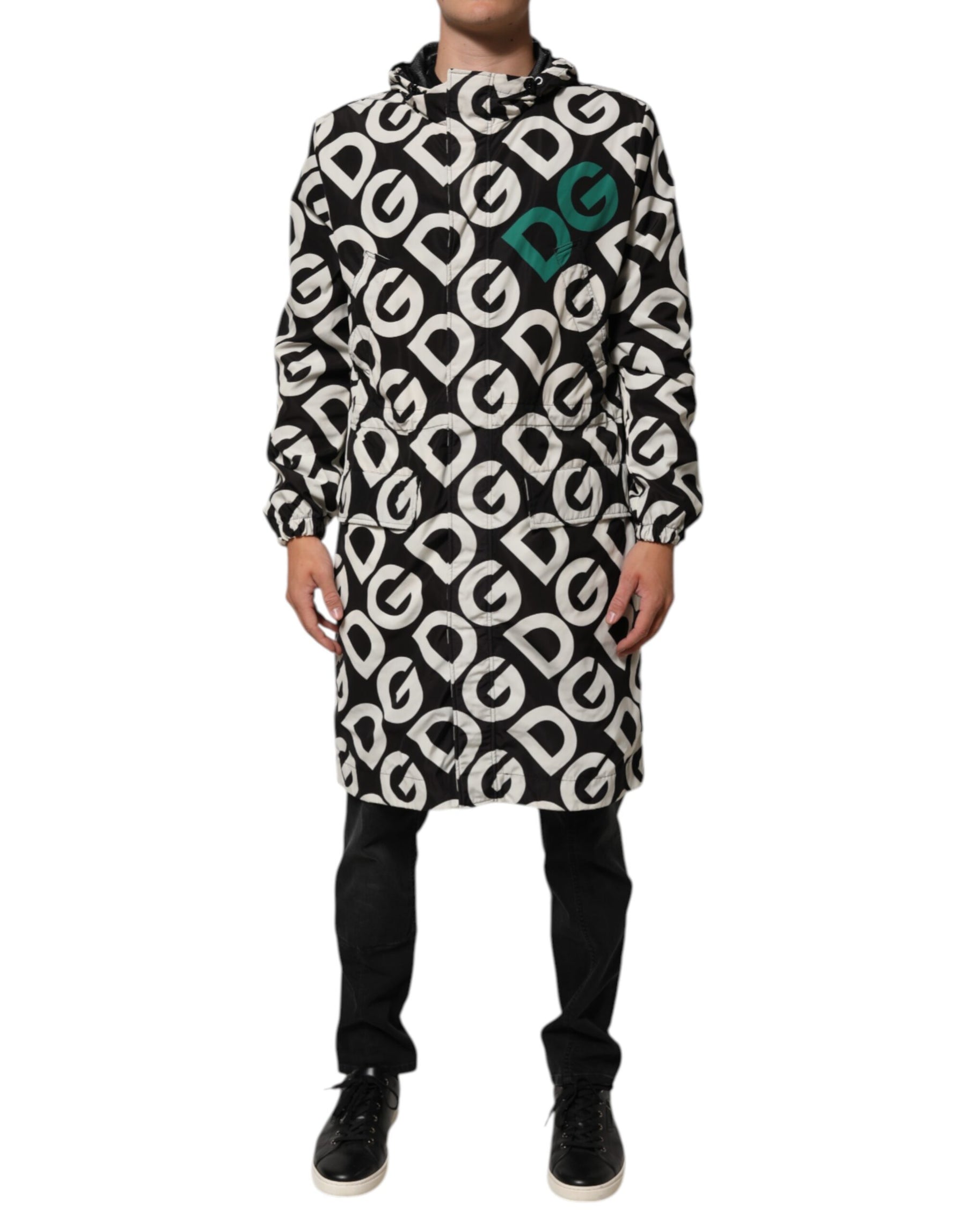 Dolce & Gabbana Black White Logo Print Hooded Coat Men Jacket | Regal Royce