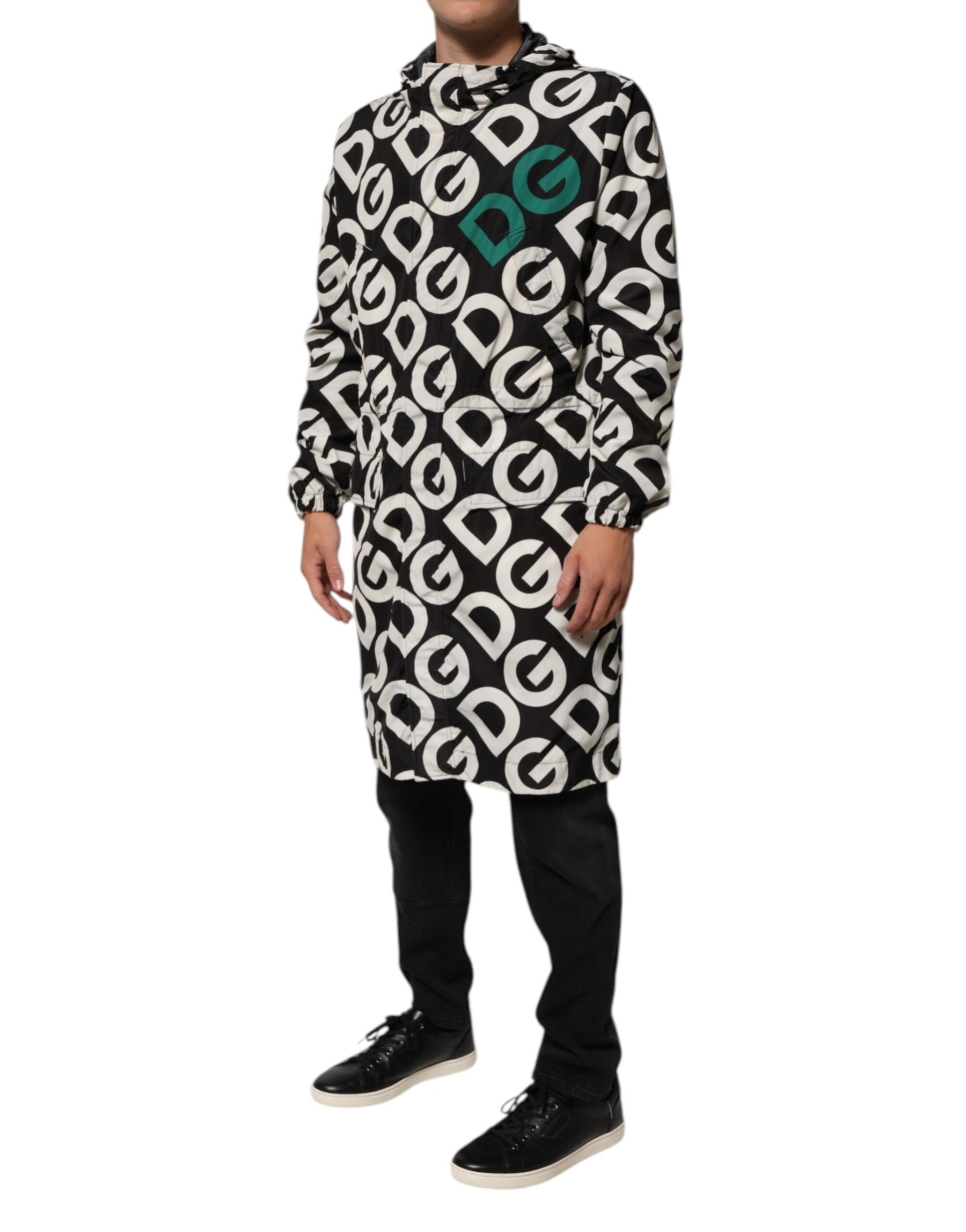 Dolce & Gabbana Black White Logo Print Hooded Coat Men Jacket | Regal Royce