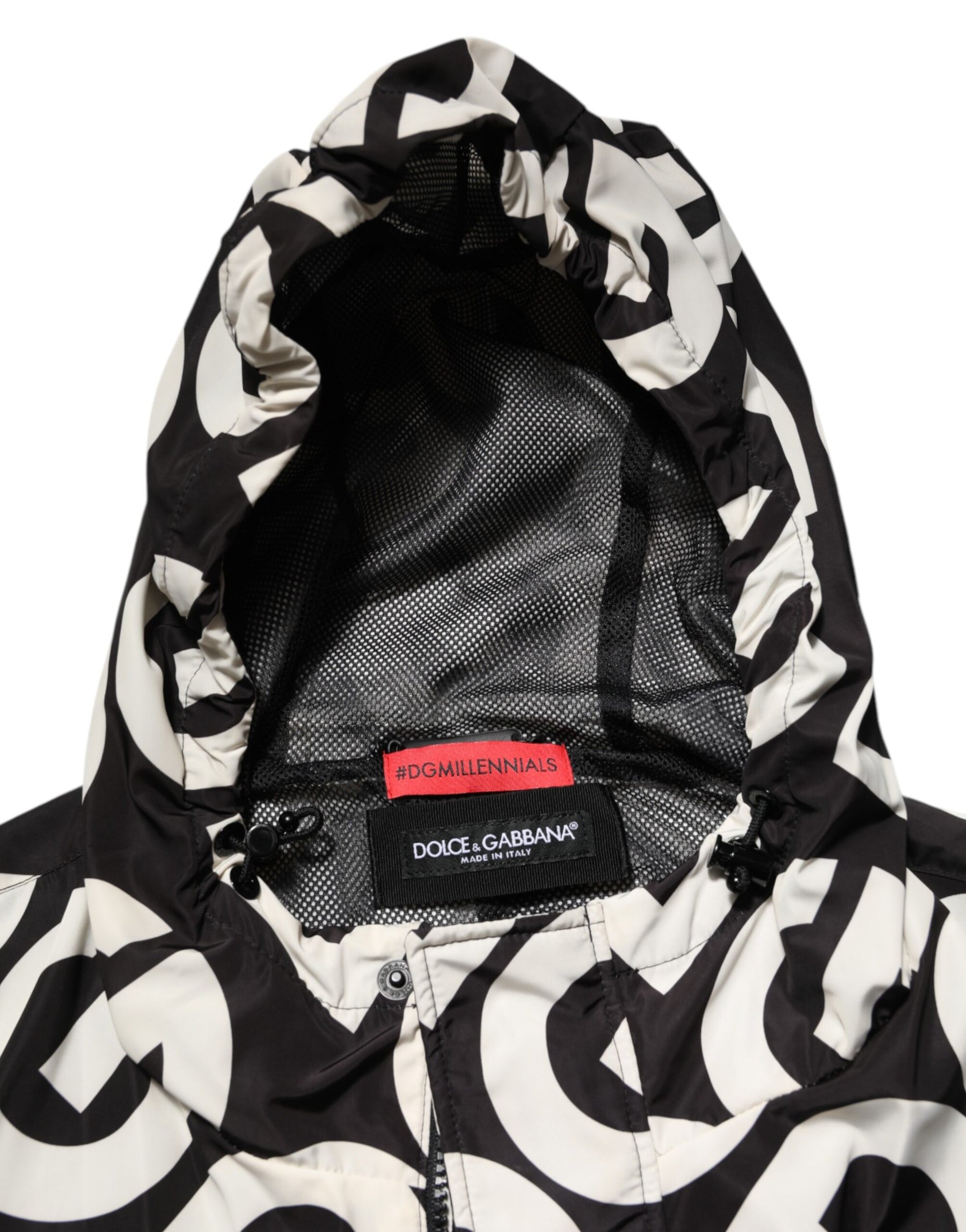 Dolce & Gabbana Black White Logo Print Hooded Coat Men Jacket | Regal Royce