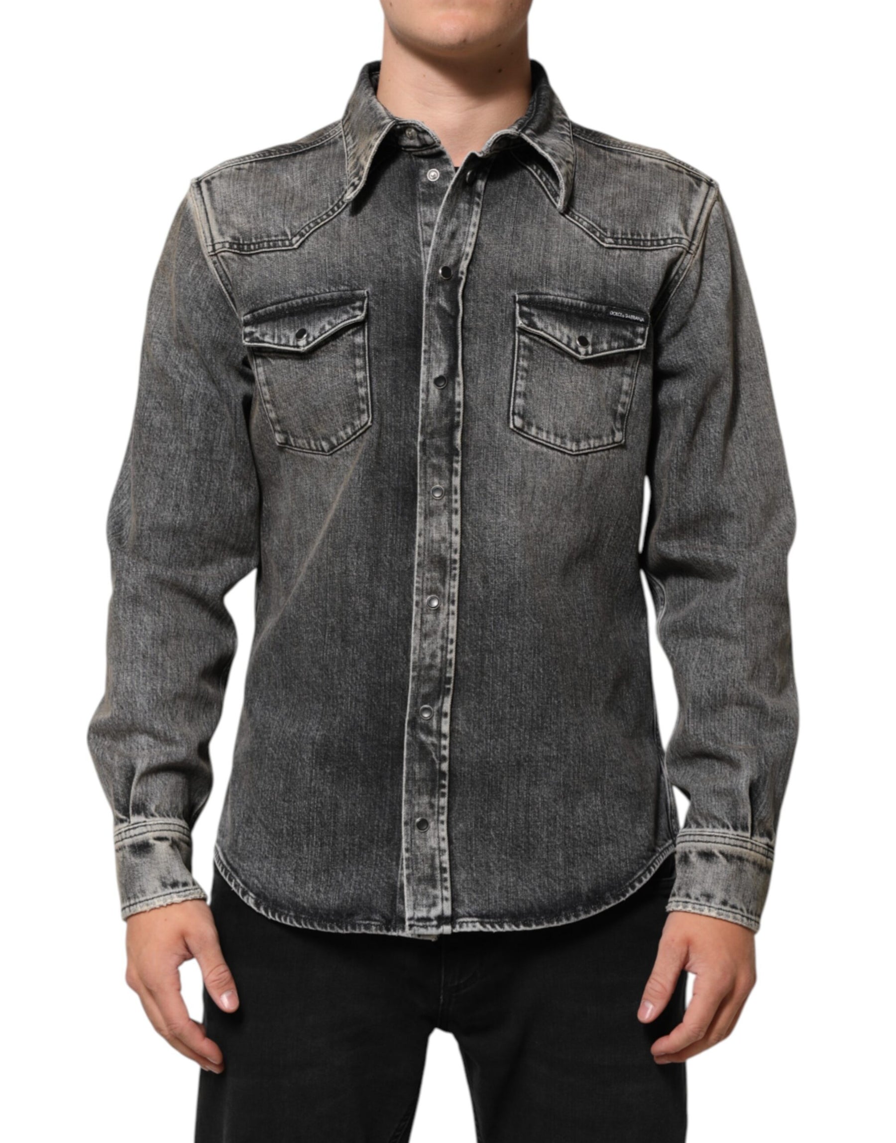 Dolce & Gabbana Black Washed Cotton Snap Long Sleeve Casual Shirt | Regal Royce