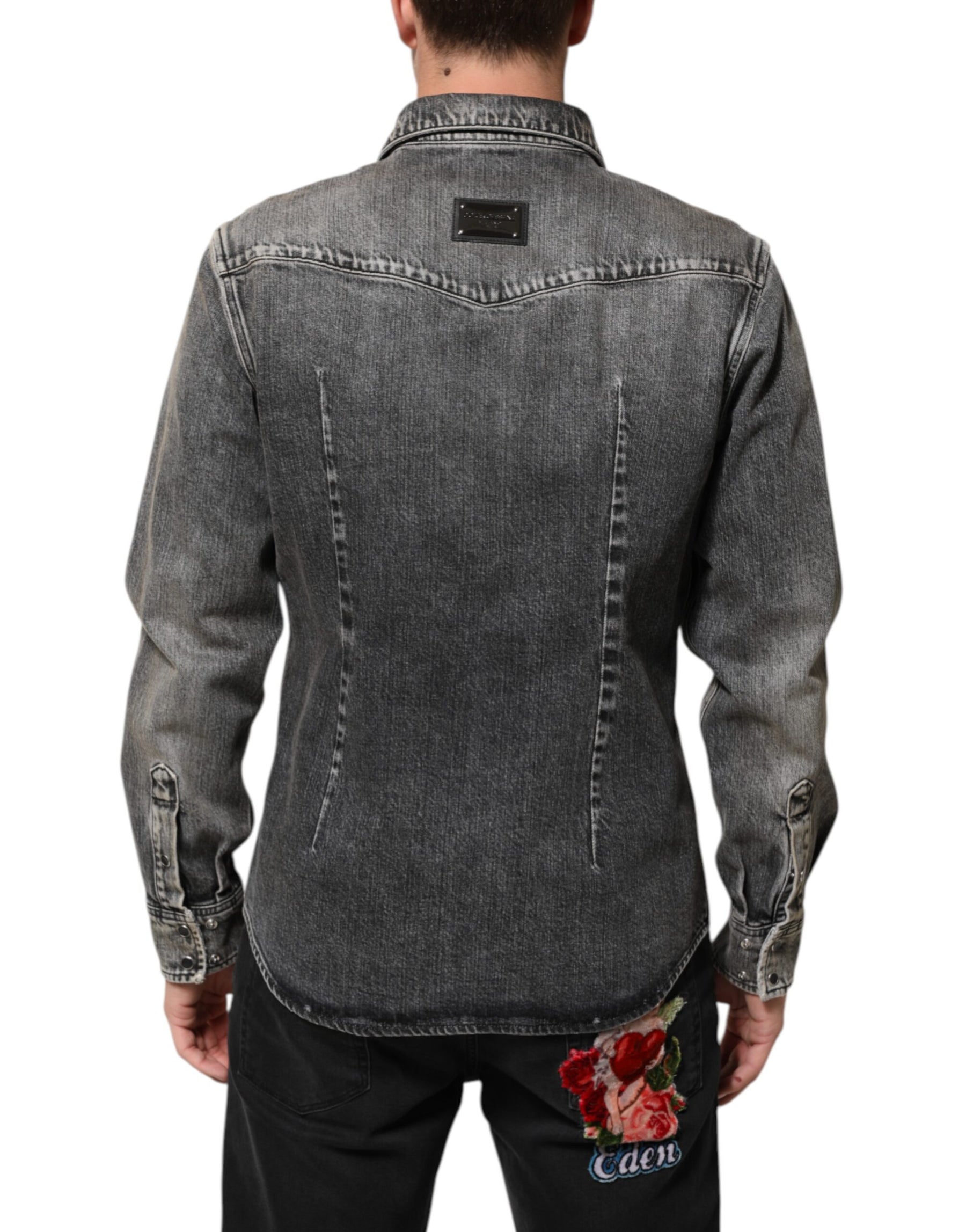 Dolce & Gabbana Black Washed Cotton Snap Long Sleeve Casual Shirt | Regal Royce