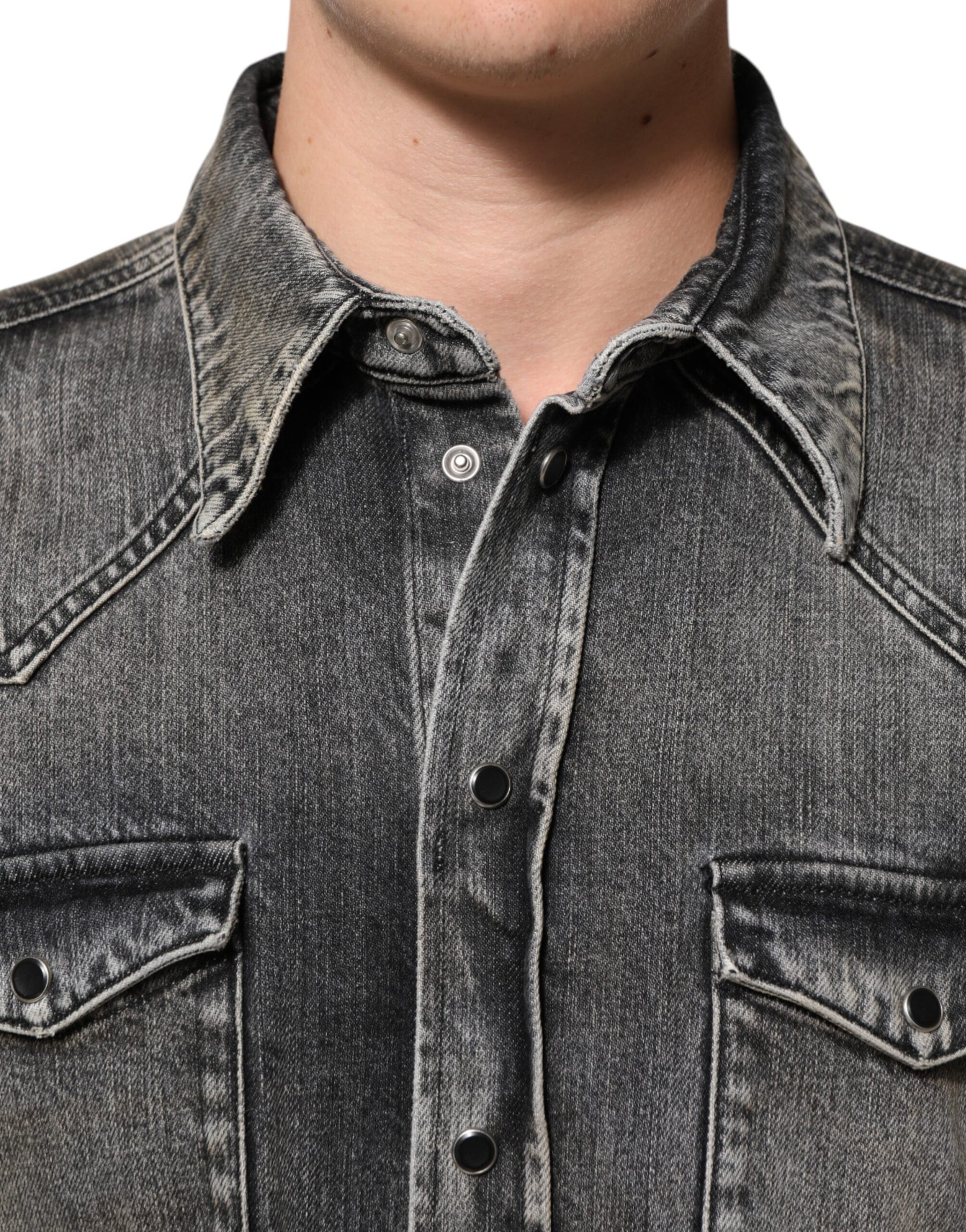 Dolce & Gabbana Black Washed Cotton Snap Long Sleeve Casual Shirt | Regal Royce