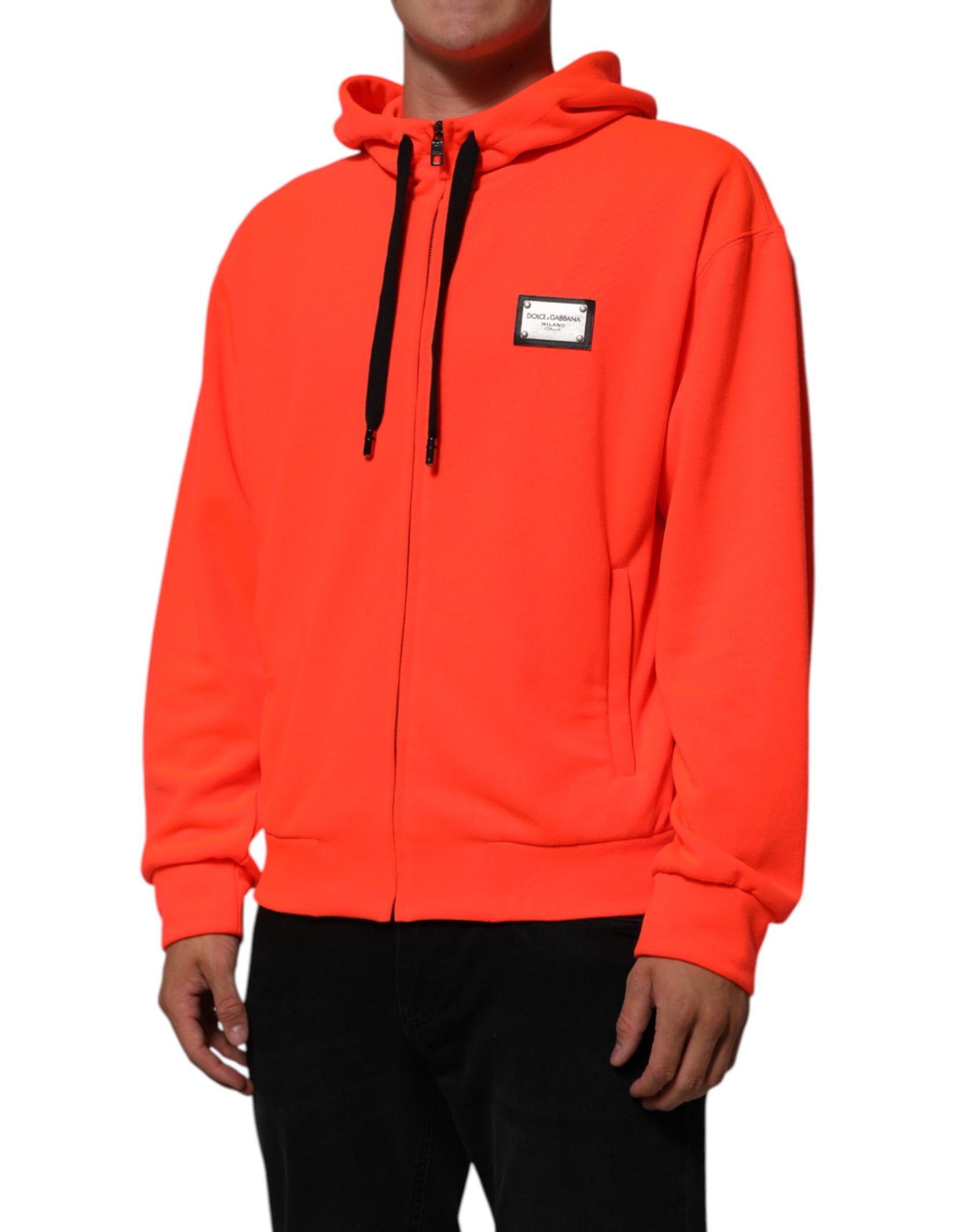 Dolce & Gabbana Red Fluorescent Polyester Logo Patch Hoodie Sweater | Regal Royce