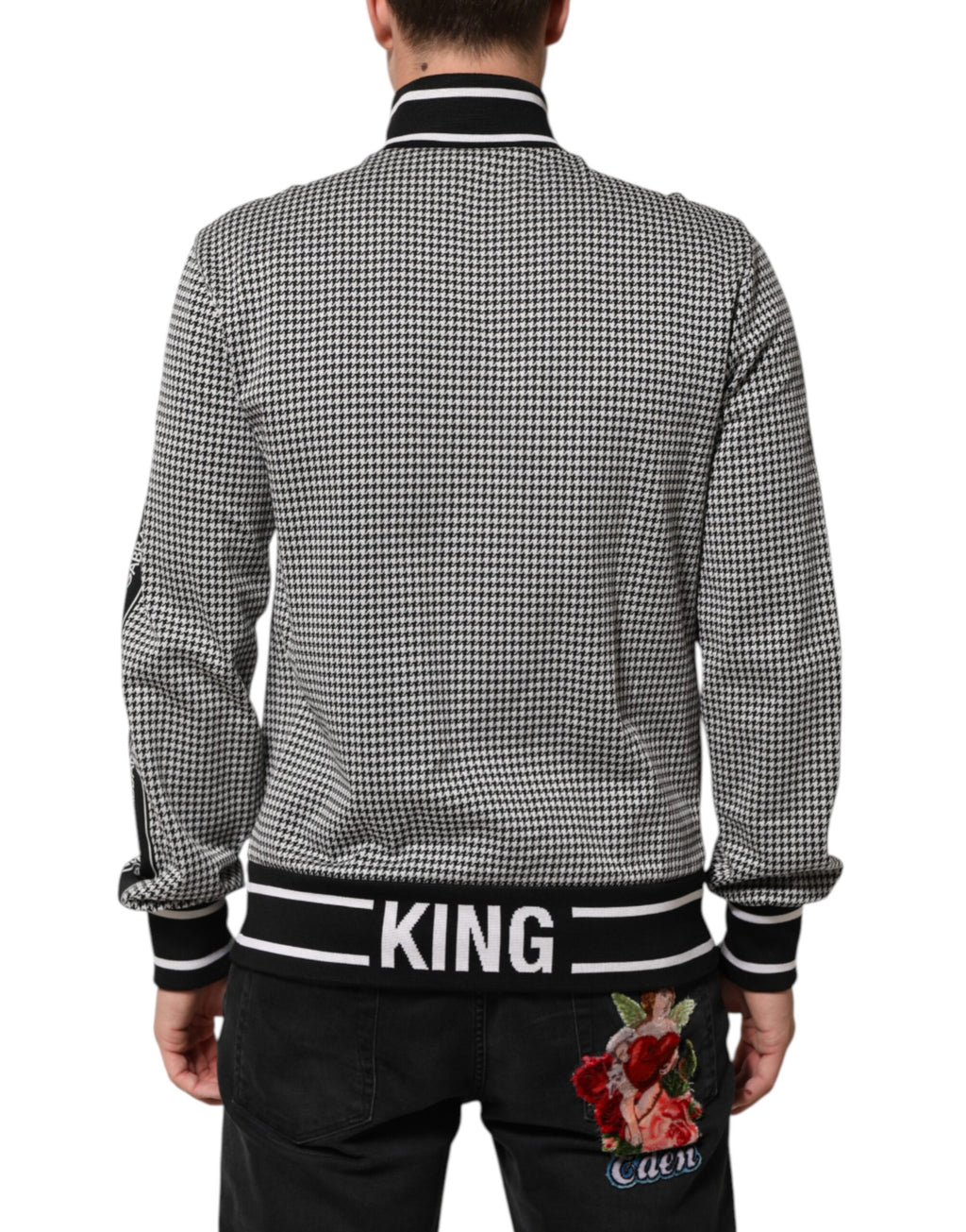 Dolce & Gabbana Black White Houndstooth Wool Crest Jacket Sweater