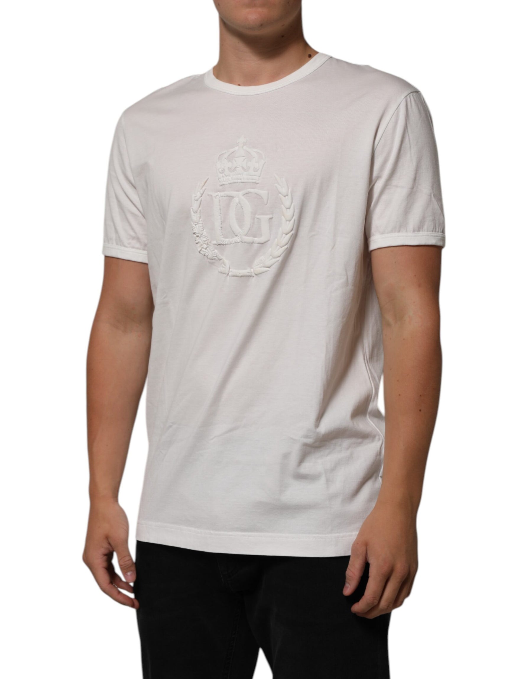 Dolce & Gabbana White Cotton DG Crown Embossed Men T-shirt | Regal Royce