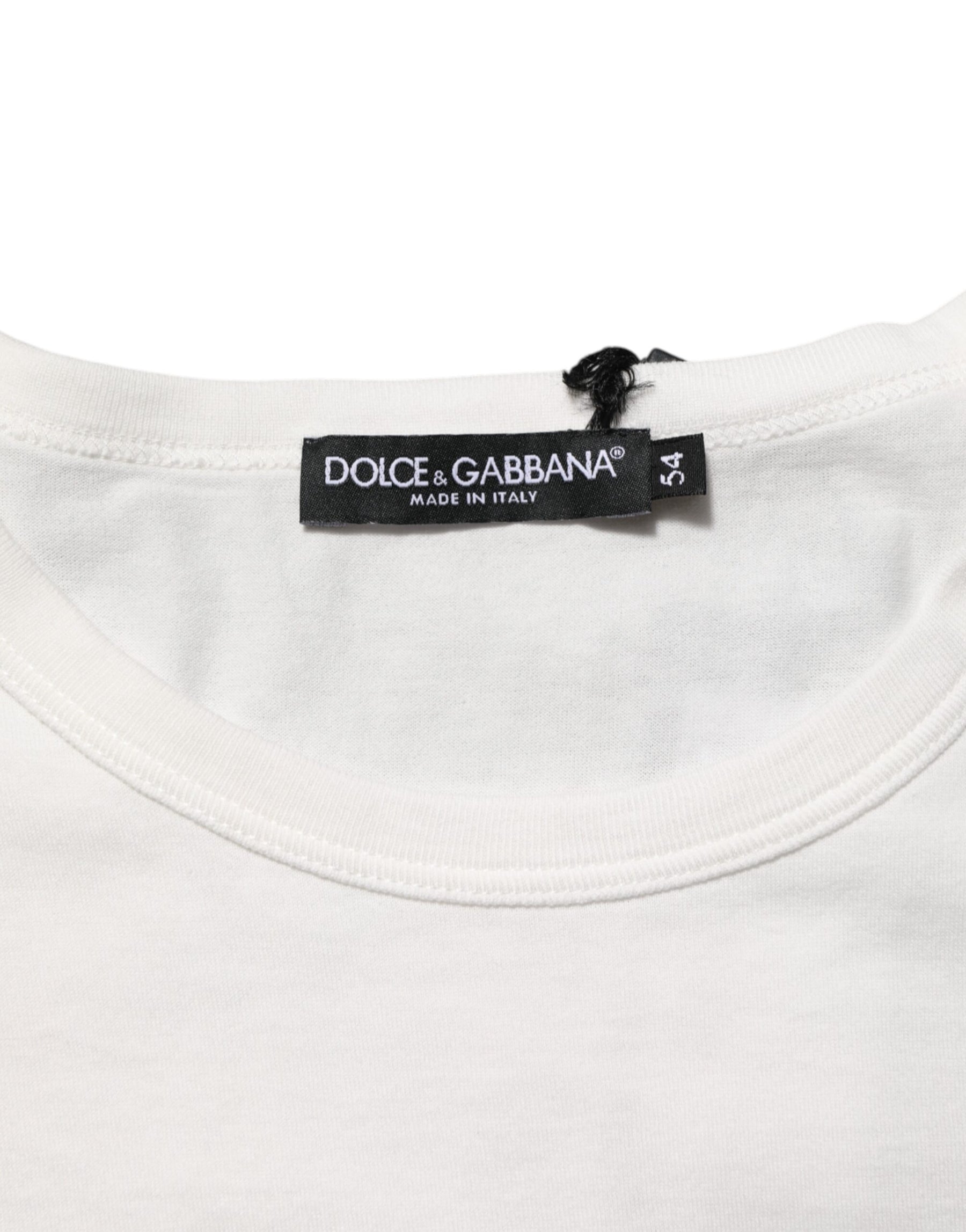 Dolce & Gabbana White Cotton DG Crown Embossed Men T-shirt | Regal Royce