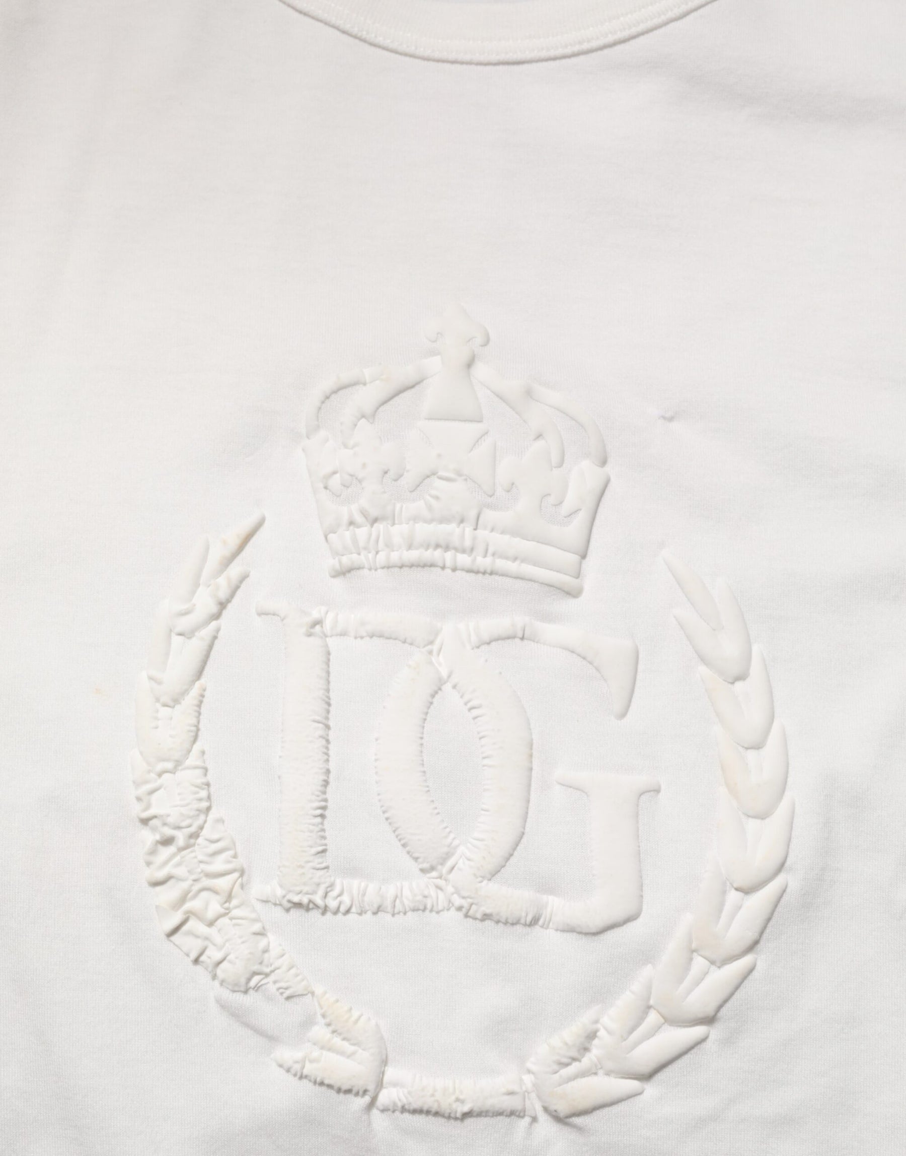 Dolce & Gabbana White Cotton DG Crown Embossed Men T-shirt | Regal Royce