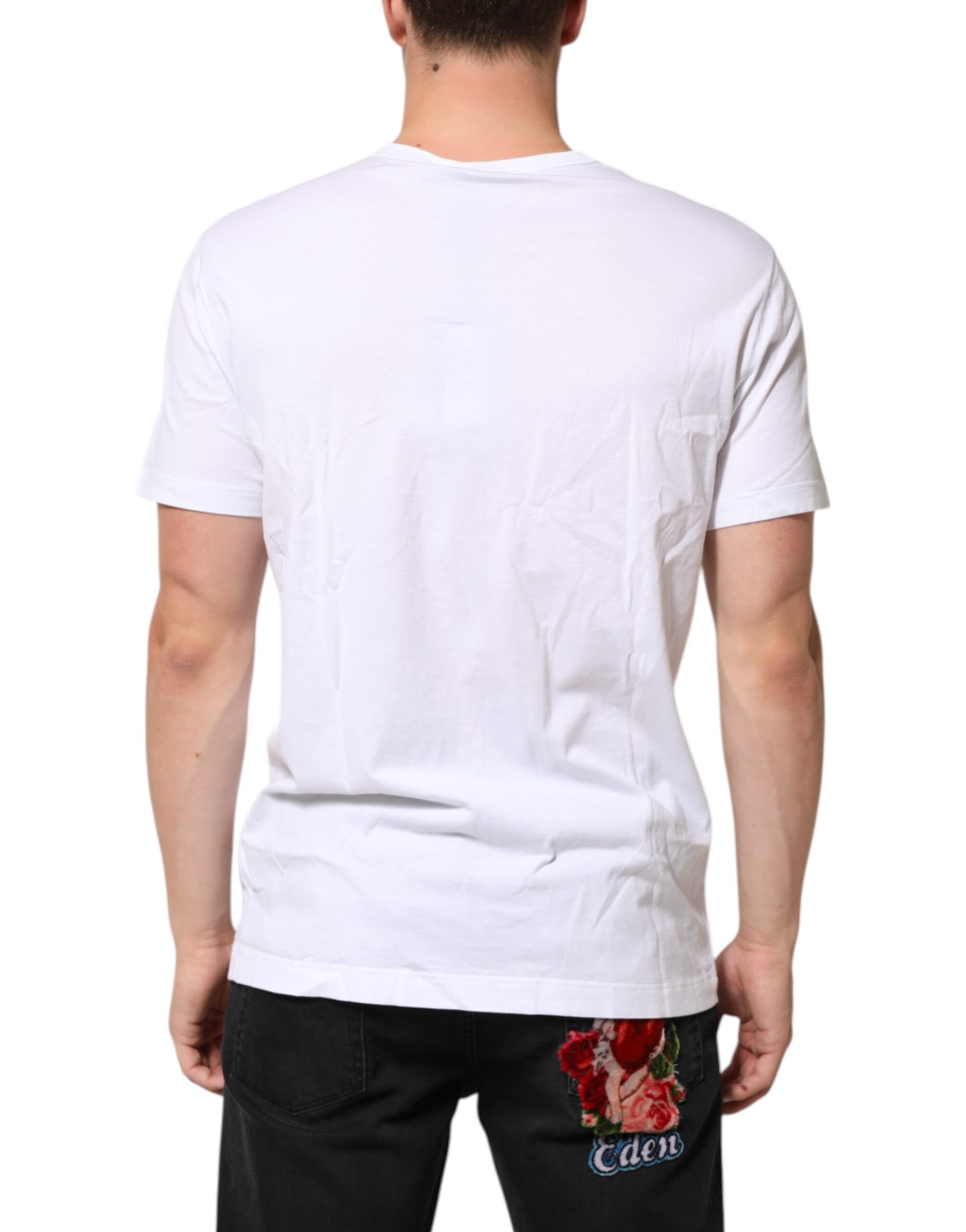 Dolce & Gabbana White Logo Plaque Cotton Crew Neck T-shirt
