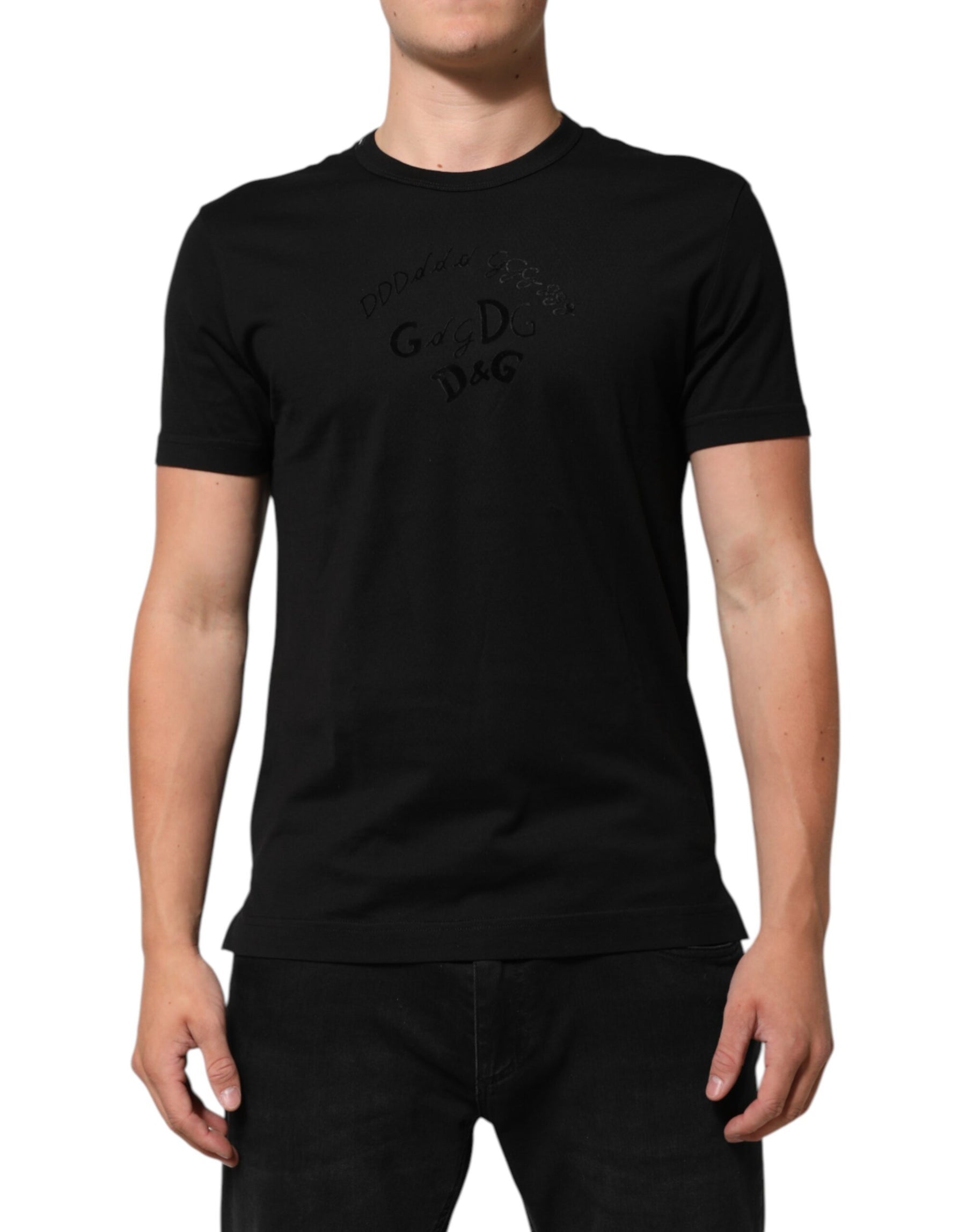 Dolce & Gabbana Black Cotton Velvet Logo Print Men T-shirt | Regal Royce