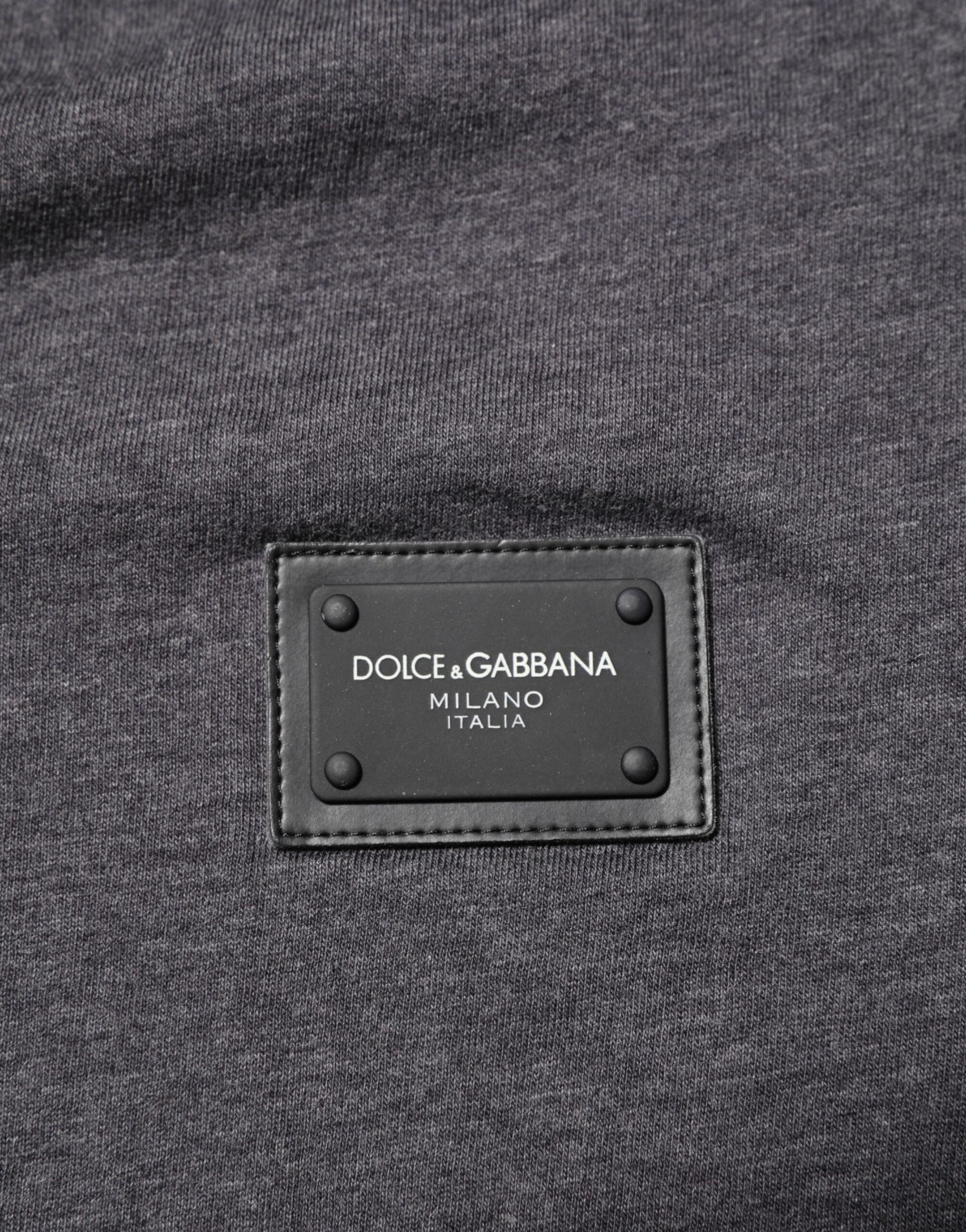 Dolce & Gabbana Grey Cotton V-Neck Logo Plaque Melange T-Shirt