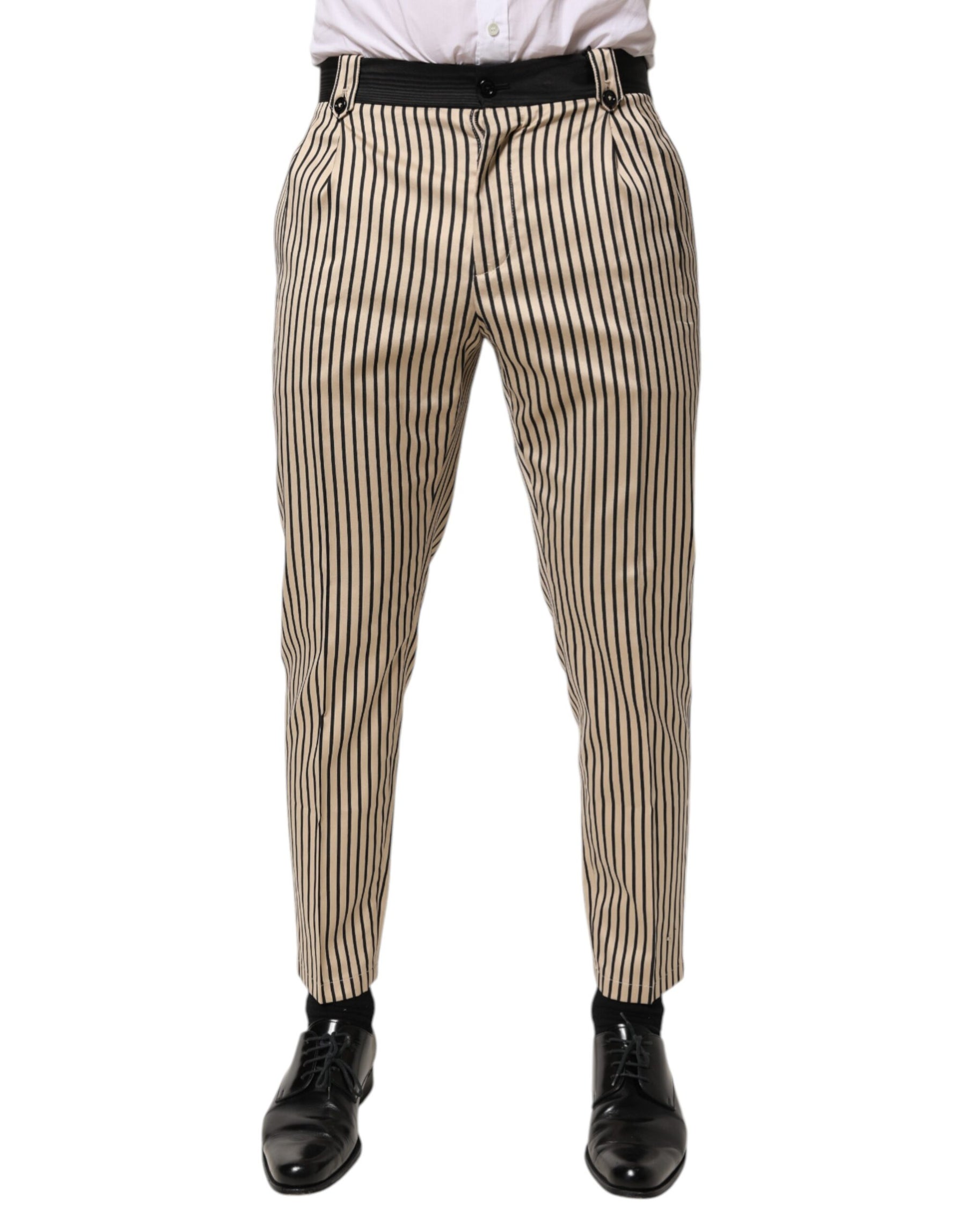 Dolce & Gabbana Beige Black Striped Cotton Slim Fit Trousers Pants | Regal Royce