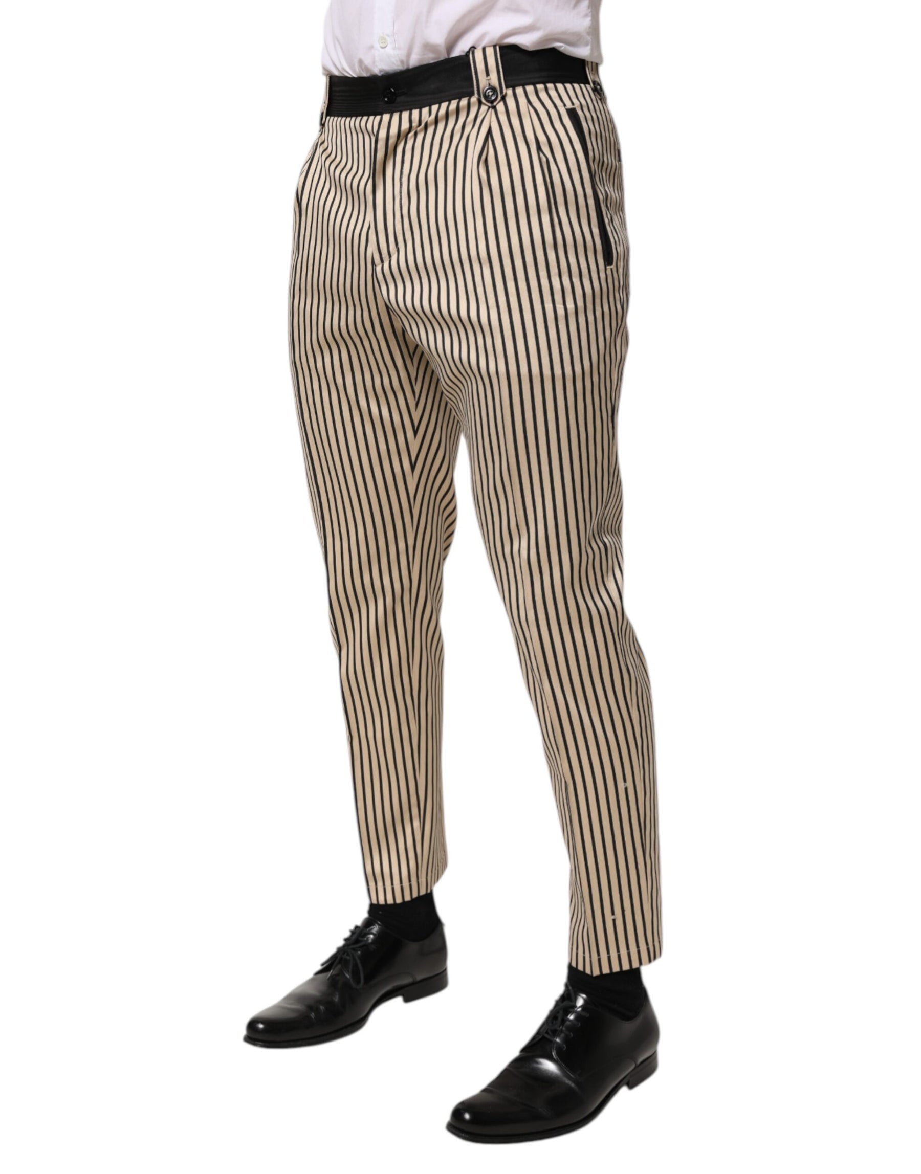 Dolce & Gabbana Beige Black Striped Cotton Slim Fit Trousers Pants | Regal Royce
