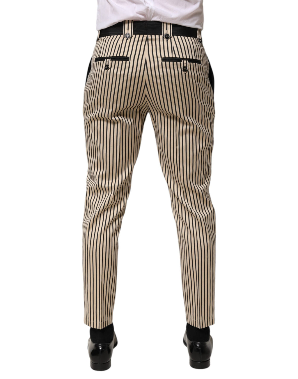 Dolce & Gabbana Beige Black Striped Cotton Slim Fit Trousers Pants