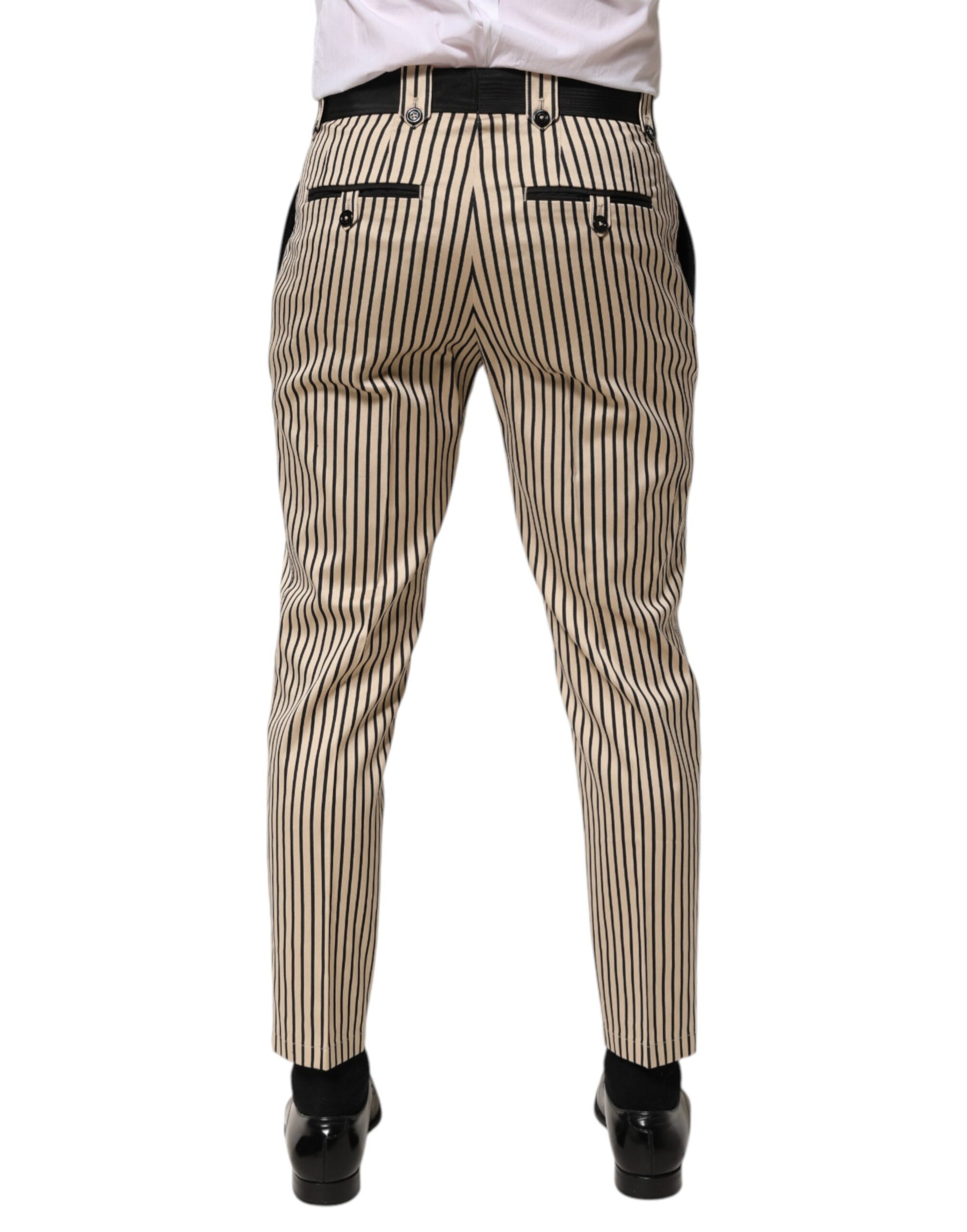 Dolce & Gabbana Beige Black Striped Cotton Slim Fit Trousers Pants | Regal Royce