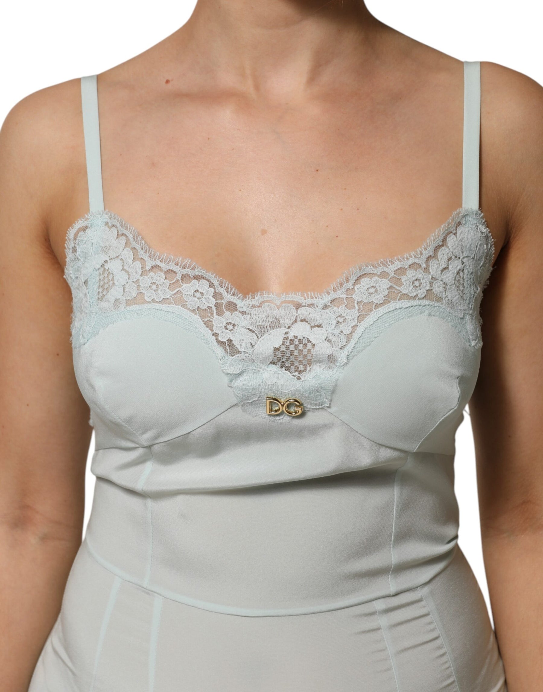 Dolce & Gabbana Light Blue Silk Lace Midi Bodycon Slip Dress | Regal Royce