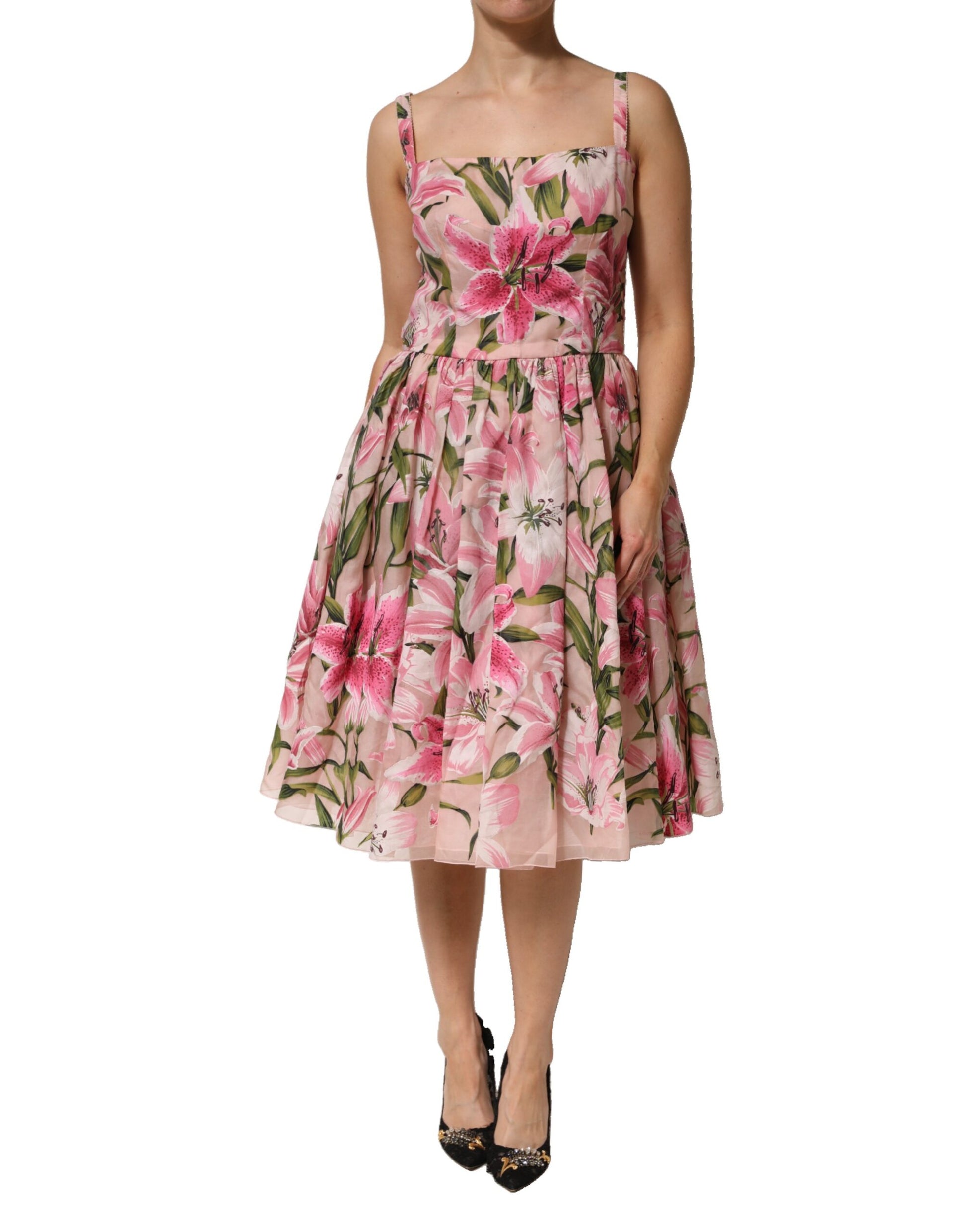 Dolce & Gabbana Pink Floral Lily Print Midi Sleeveless Dress